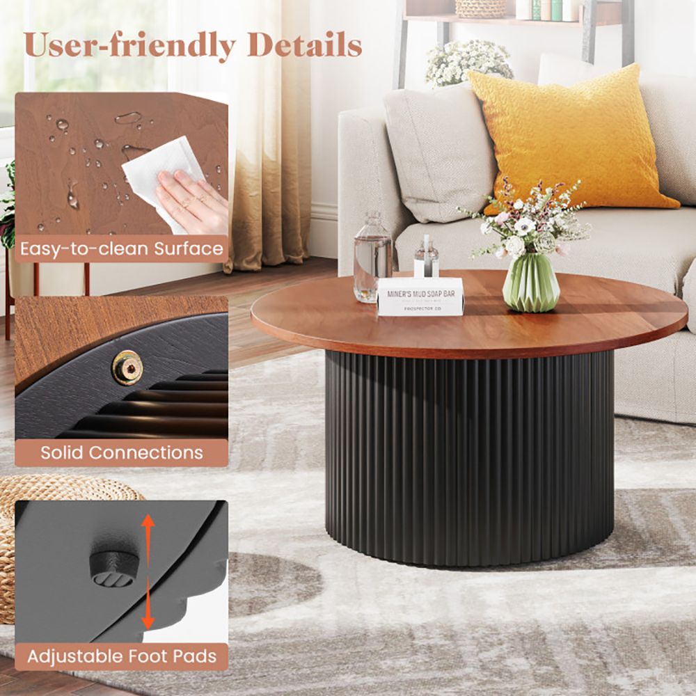Round coffee table, living room table with solid wood frame and wooden tabletop
