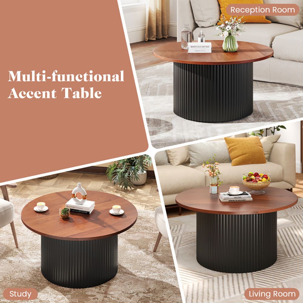 Round coffee table, living room table with solid wood frame and wooden tabletop