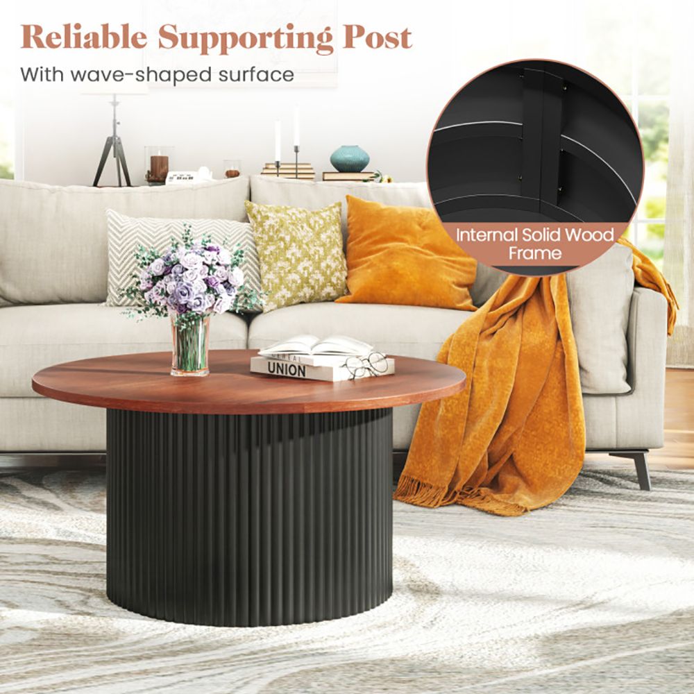 Round coffee table, living room table with solid wood frame and wooden tabletop