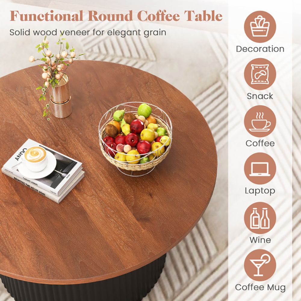 Round coffee table, living room table with solid wood frame and wooden tabletop
