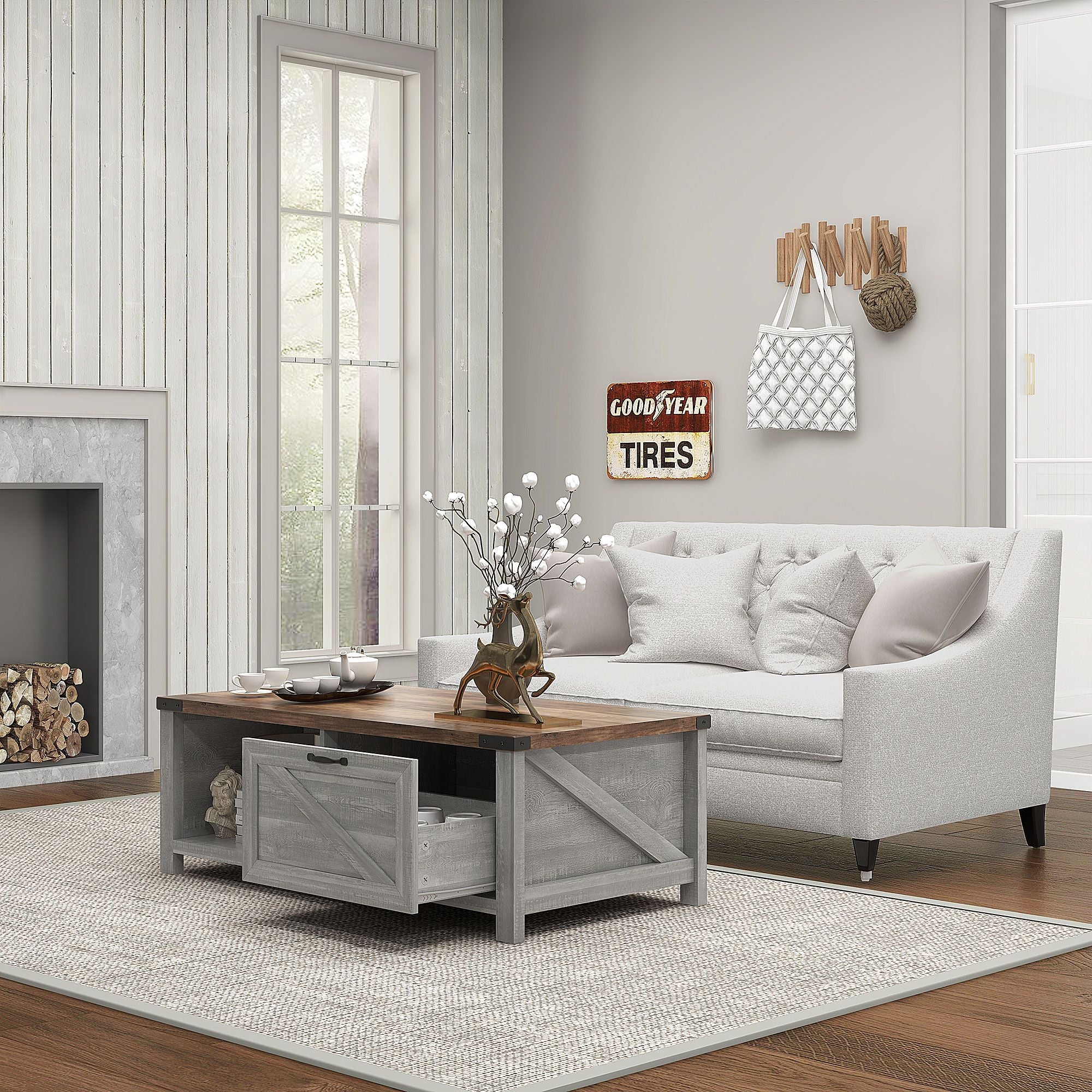 Coffee Table with Storage, Farmhouse Living Room Table with Storage Drawer and Open Shelf, Distressed Gray