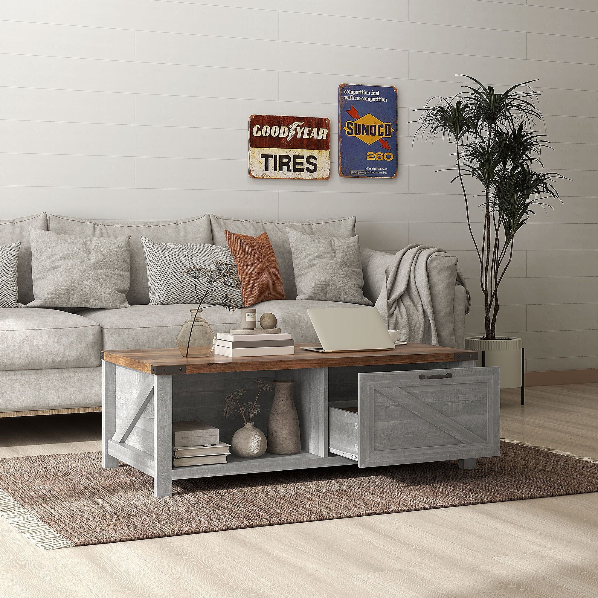 Coffee Table with Storage, Farmhouse Living Room Table with Storage Drawer and Open Shelf, Distressed Gray