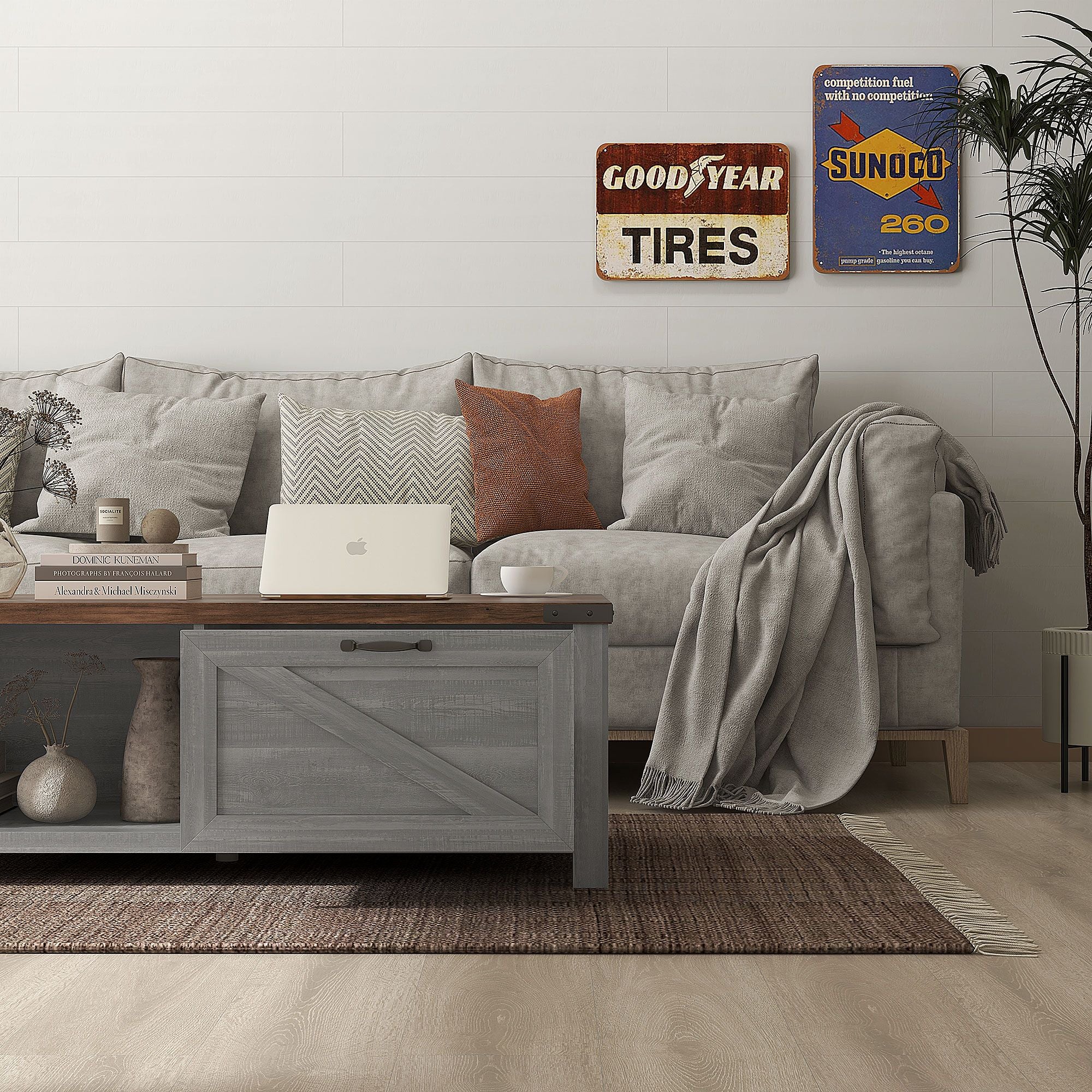 Coffee Table with Storage, Farmhouse Living Room Table with Storage Drawer and Open Shelf, Distressed Gray