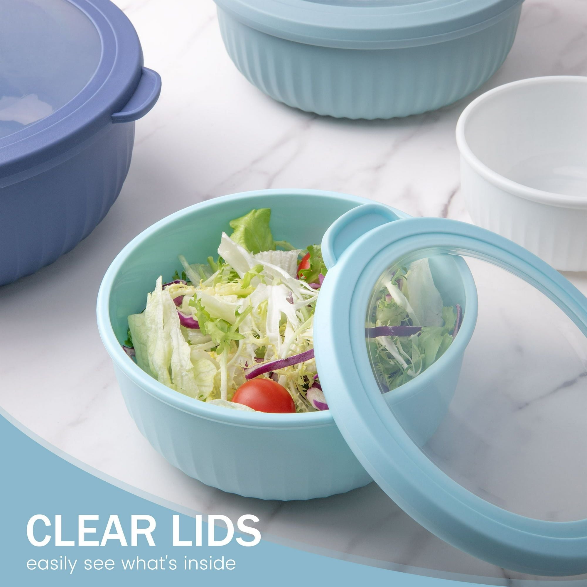 8 Piece Mixing Bowl with Lids Set, Plastic Bowls, Meal Prep Bowl Set, Nesting Mixing Bowls for Space Saving Storage, Ideal for Cooking, Baking, Food Prep, Dishwasher Safe - Wide Bowls, Blue