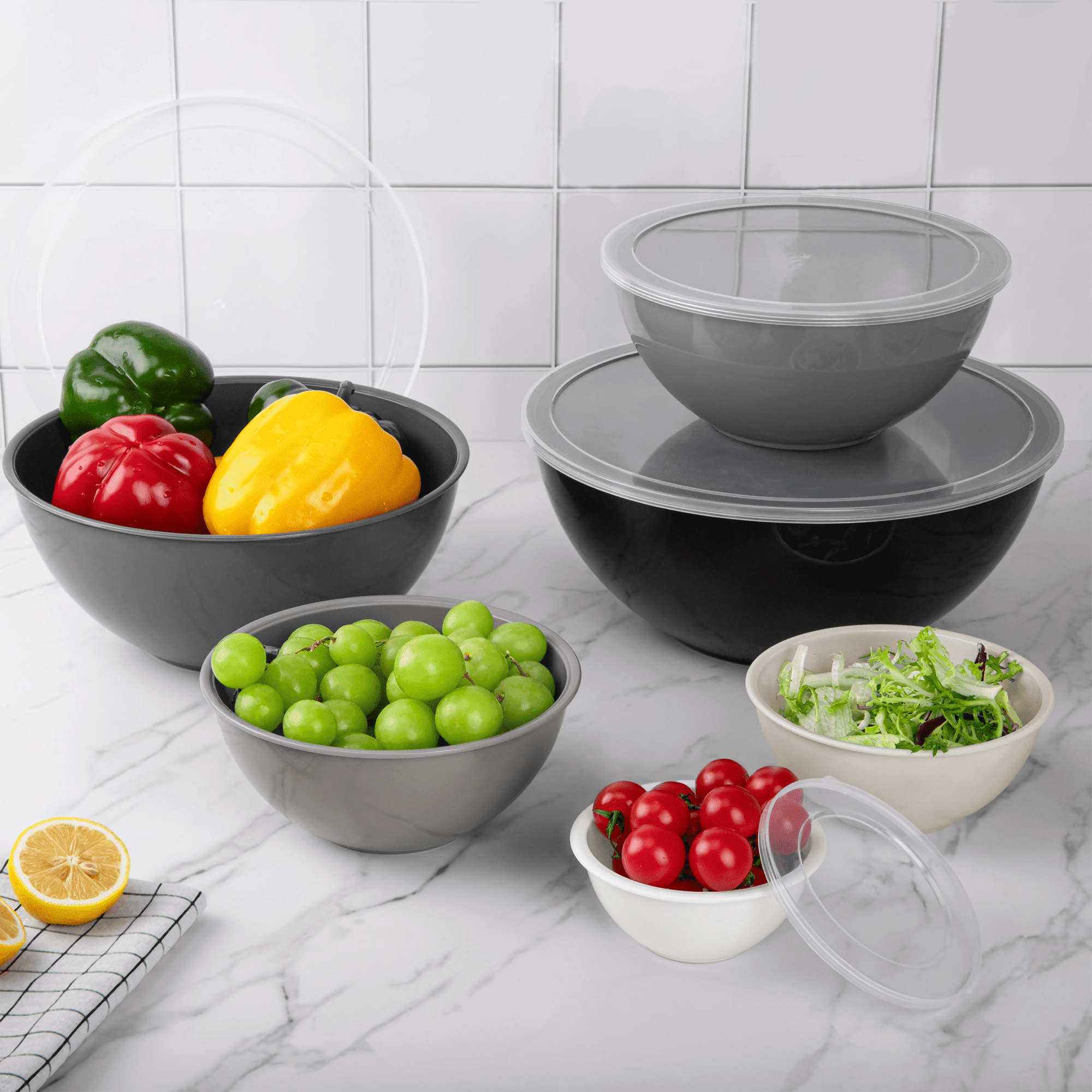 Bowls with Lids Set, 12 Piece Plastic Mixing Bowls Set, Nesting Mixing Bowl for Space Saving Storage, Ideal for Cooking, Baking, Food Prep (Gray)