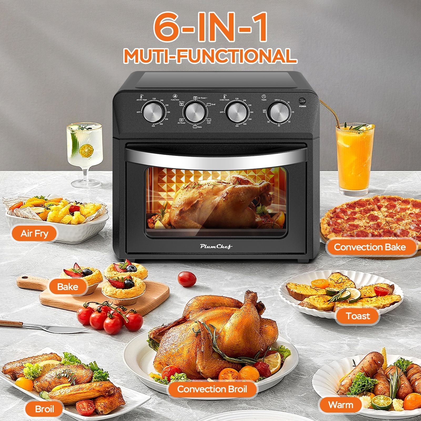27.5QT 6-in-1 Air Fryer Toaster Oven Dropdown-Door 6-Slice Countertop Convection Oven for Air Frying, Baking, Roasting, Broiling & Grilling, 1600W, Black
