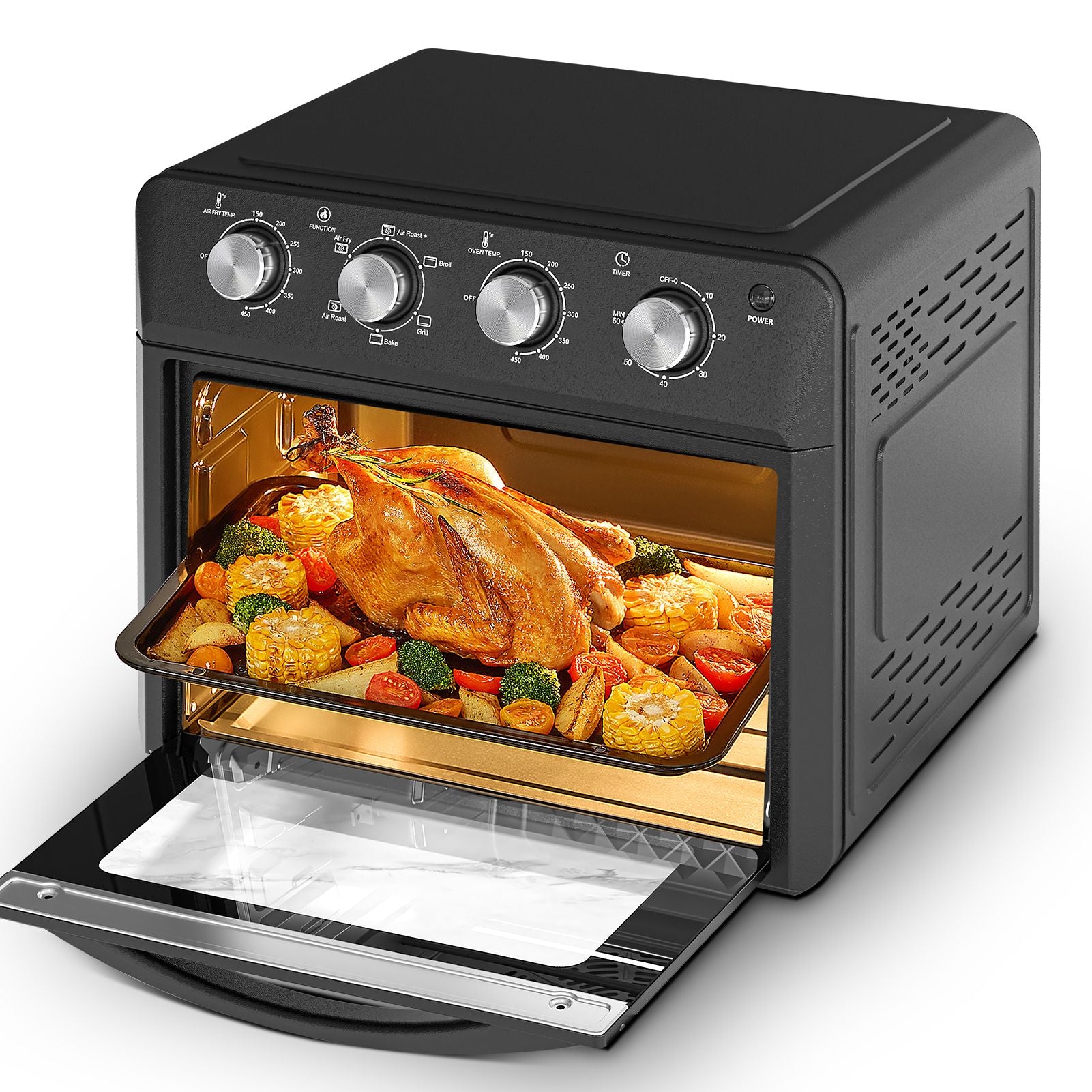 27.5QT 6-in-1 Air Fryer Toaster Oven Dropdown-Door 6-Slice Countertop Convection Oven for Air Frying, Baking, Roasting, Broiling & Grilling, 1600W, Black
