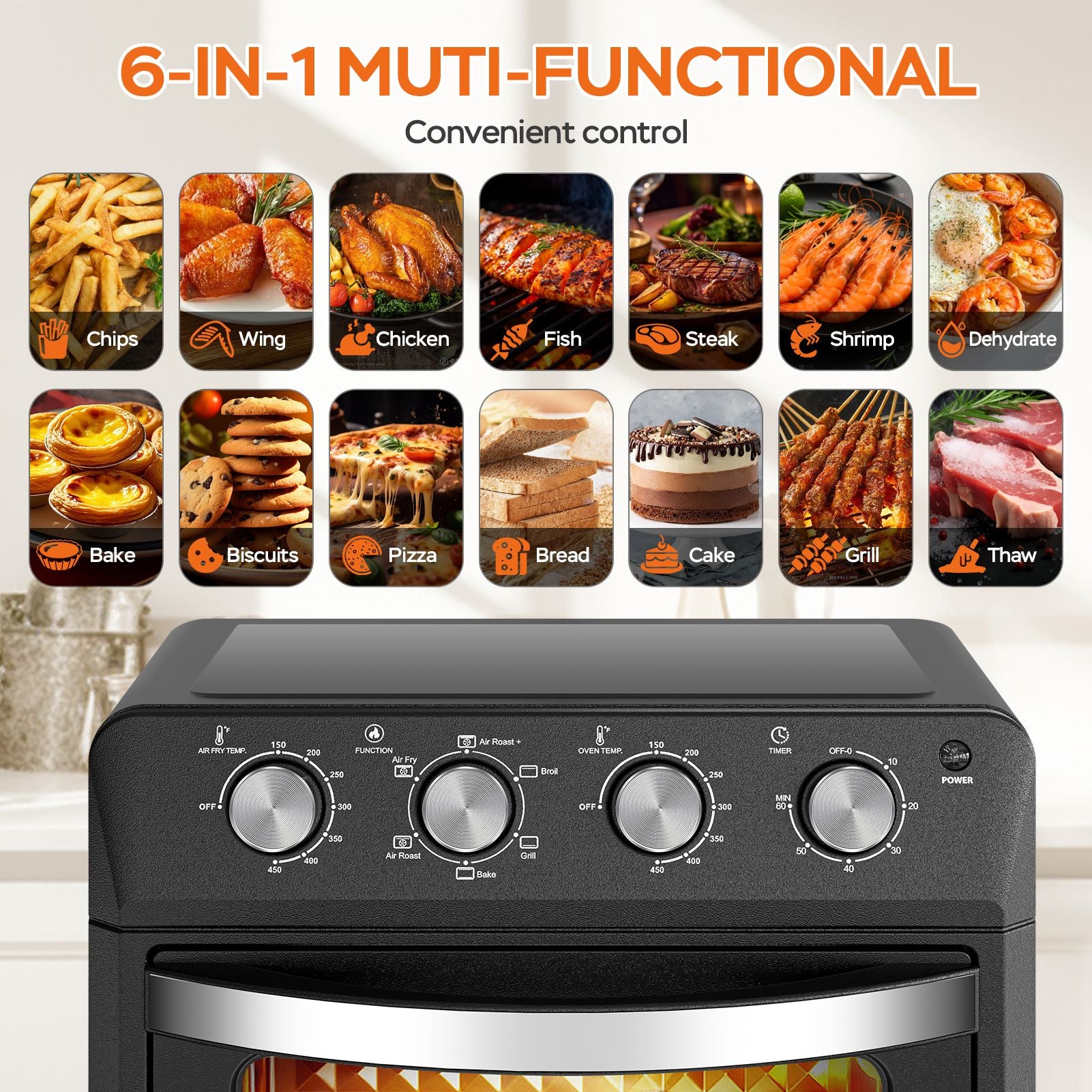 27.5QT 6-in-1 Air Fryer Toaster Oven Dropdown-Door 6-Slice Countertop Convection Oven for Air Frying, Baking, Roasting, Broiling & Grilling, 1600W, Black