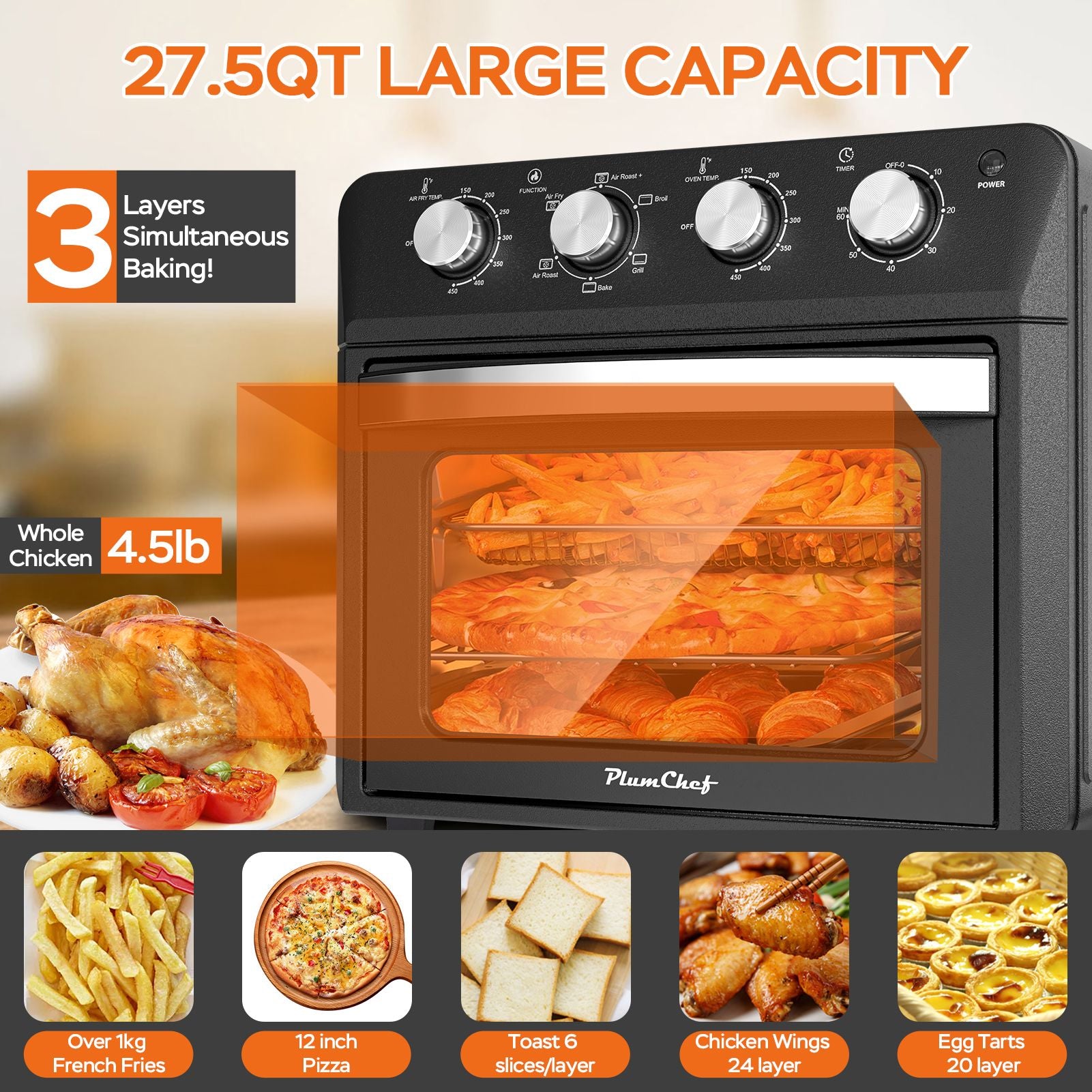 27.5QT 6-in-1 Air Fryer Toaster Oven Dropdown-Door 6-Slice Countertop Convection Oven for Air Frying, Baking, Roasting, Broiling & Grilling, 1600W, Black