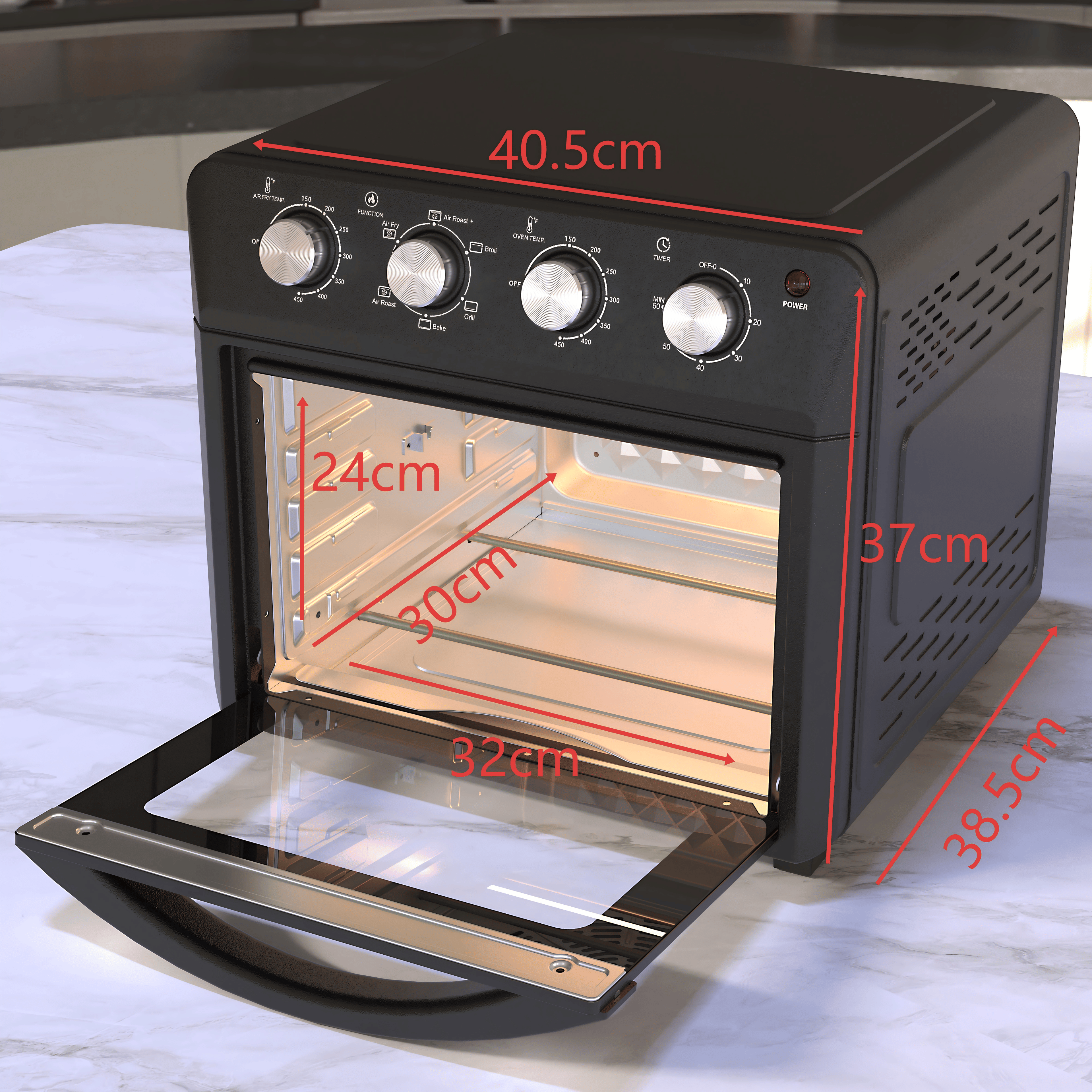 27.5QT 6-in-1 Air Fryer Toaster Oven Dropdown-Door 6-Slice Countertop Convection Oven for Air Frying, Baking, Roasting, Broiling & Grilling, 1600W, Black