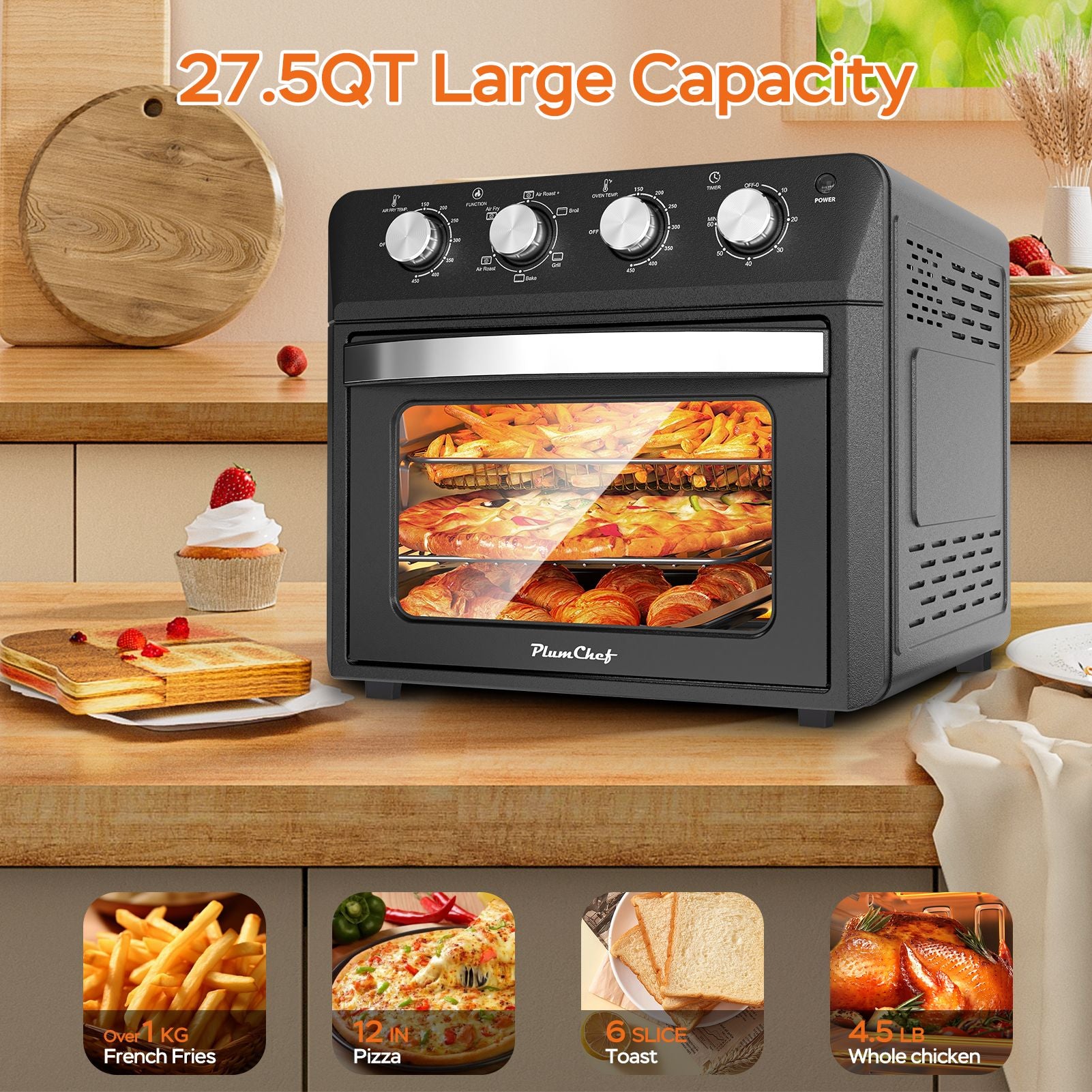 27.5QT 6-in-1 Air Fryer Toaster Oven Dropdown-Door 6-Slice Countertop Convection Oven for Air Frying, Baking, Roasting, Broiling & Grilling, 1600W, Black