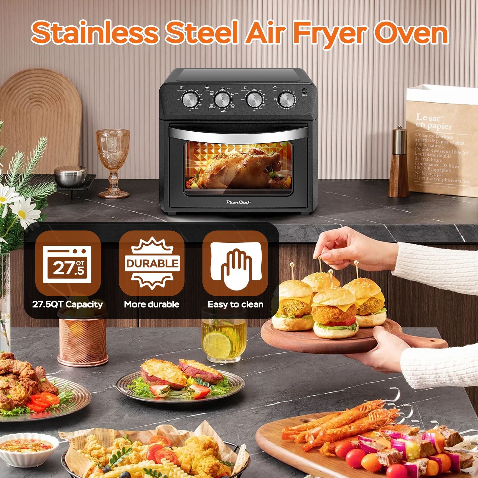 27.5QT 6-in-1 Air Fryer Toaster Oven Dropdown-Door 6-Slice Countertop Convection Oven for Air Frying, Baking, Roasting, Broiling & Grilling, 1600W, Black