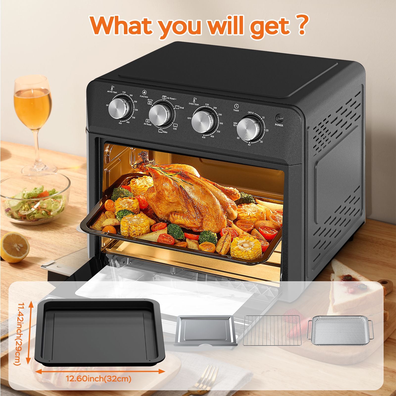 27.5QT 6-in-1 Air Fryer Toaster Oven Dropdown-Door 6-Slice Countertop Convection Oven for Air Frying, Baking, Roasting, Broiling & Grilling, 1600W, Black