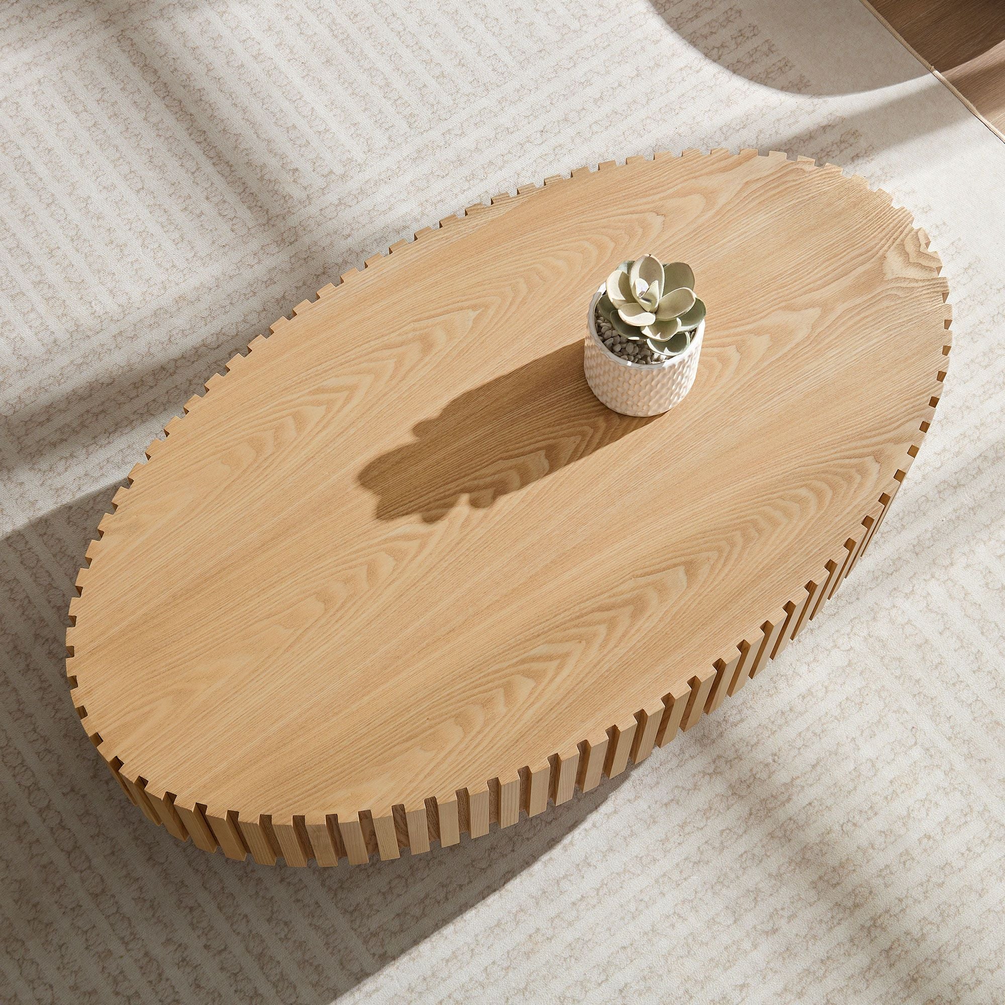 Modern Handcraft Drum Coffee Table Length 43.7 inch Ellipse Coffee Table for Living Room,Oval Small Coffee Table with Sturdy Pedestal