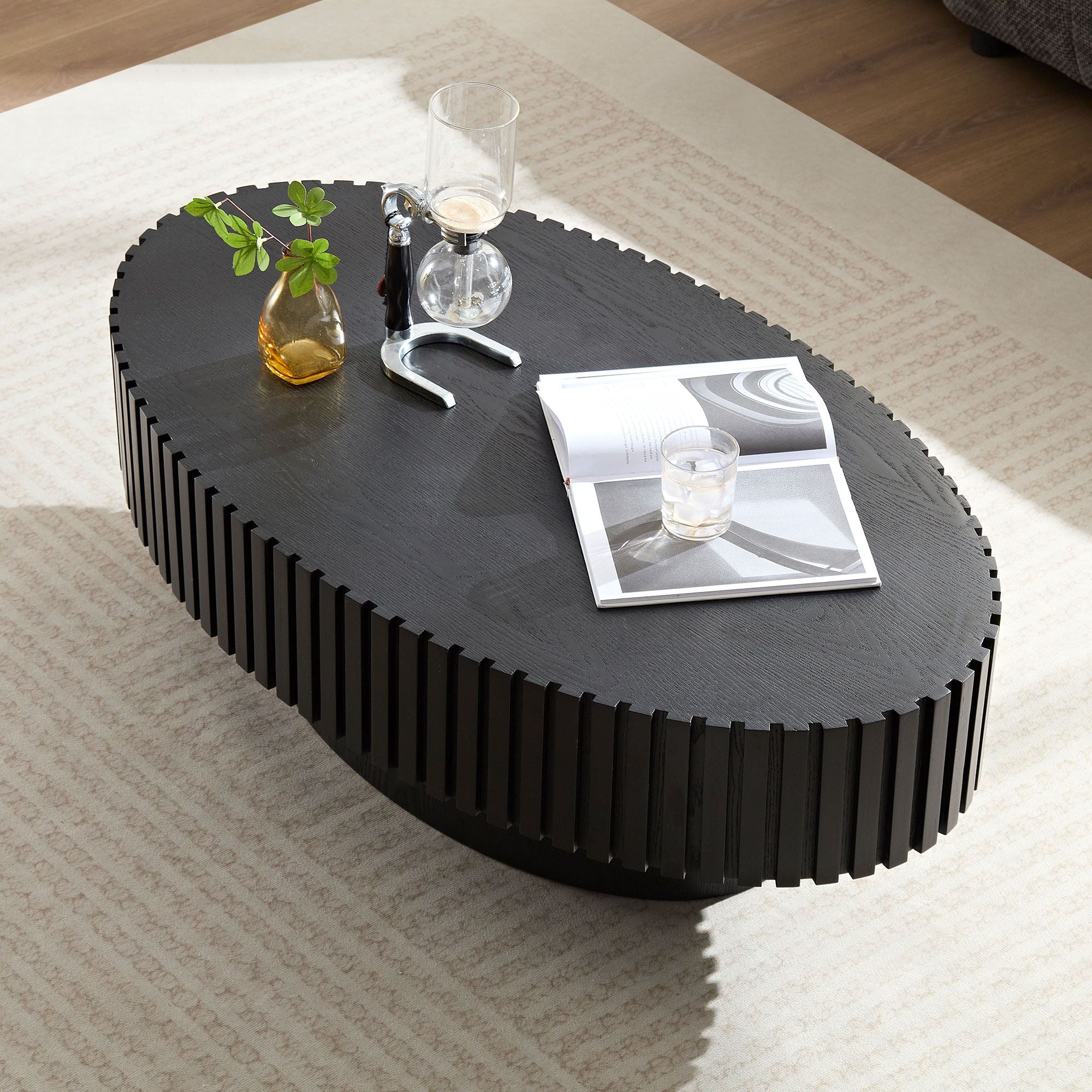 Modern Handcraft Drum Coffee Table Length 43.7 inch Ellipse Coffee Table for Living Room,Oval Small Coffee Table with Sturdy Pedestal