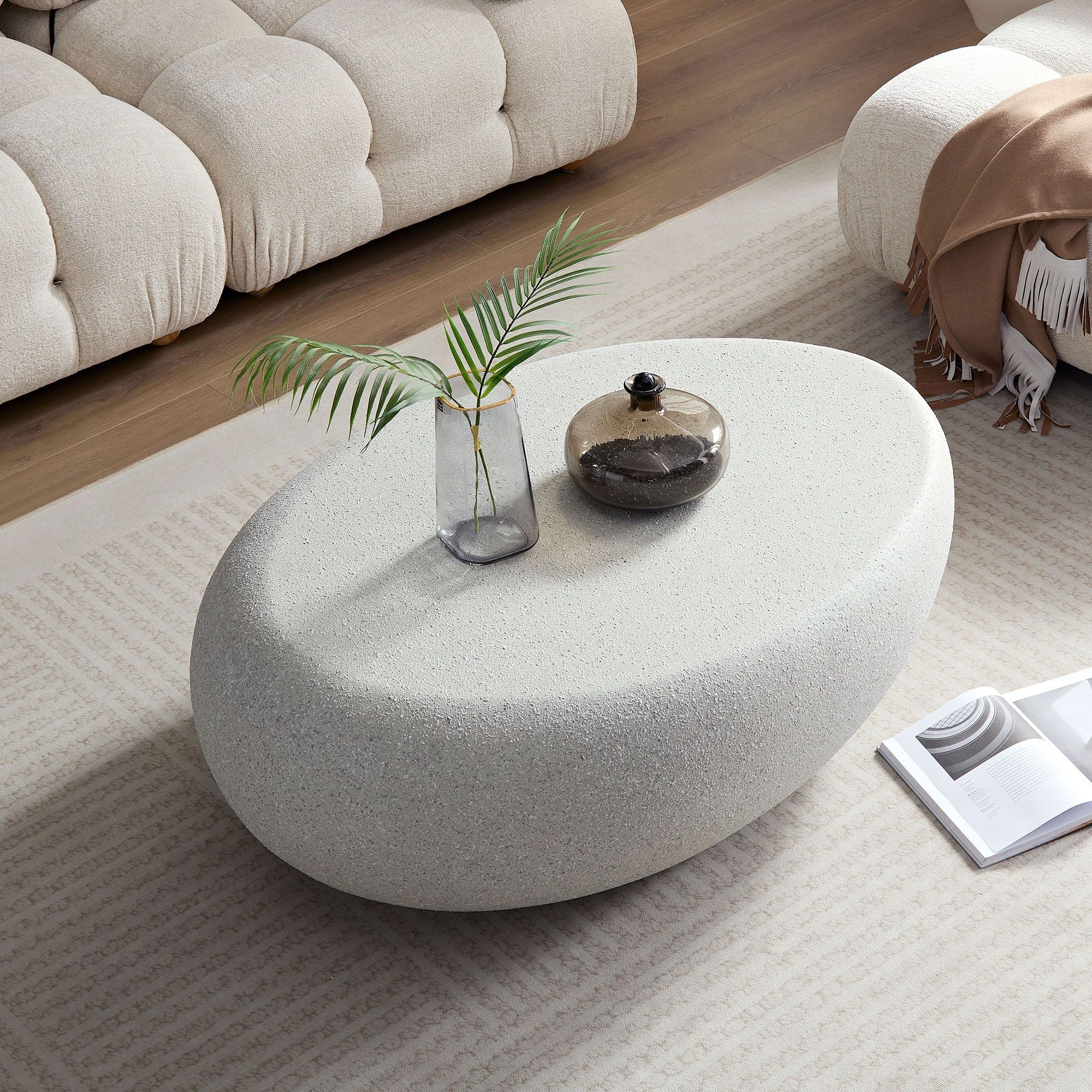 43.31''Fiberglass Elliptical Coffee Table for Living Room Vintage Table,Matte Rocks Table front of the Sofa, Irregular Center Table