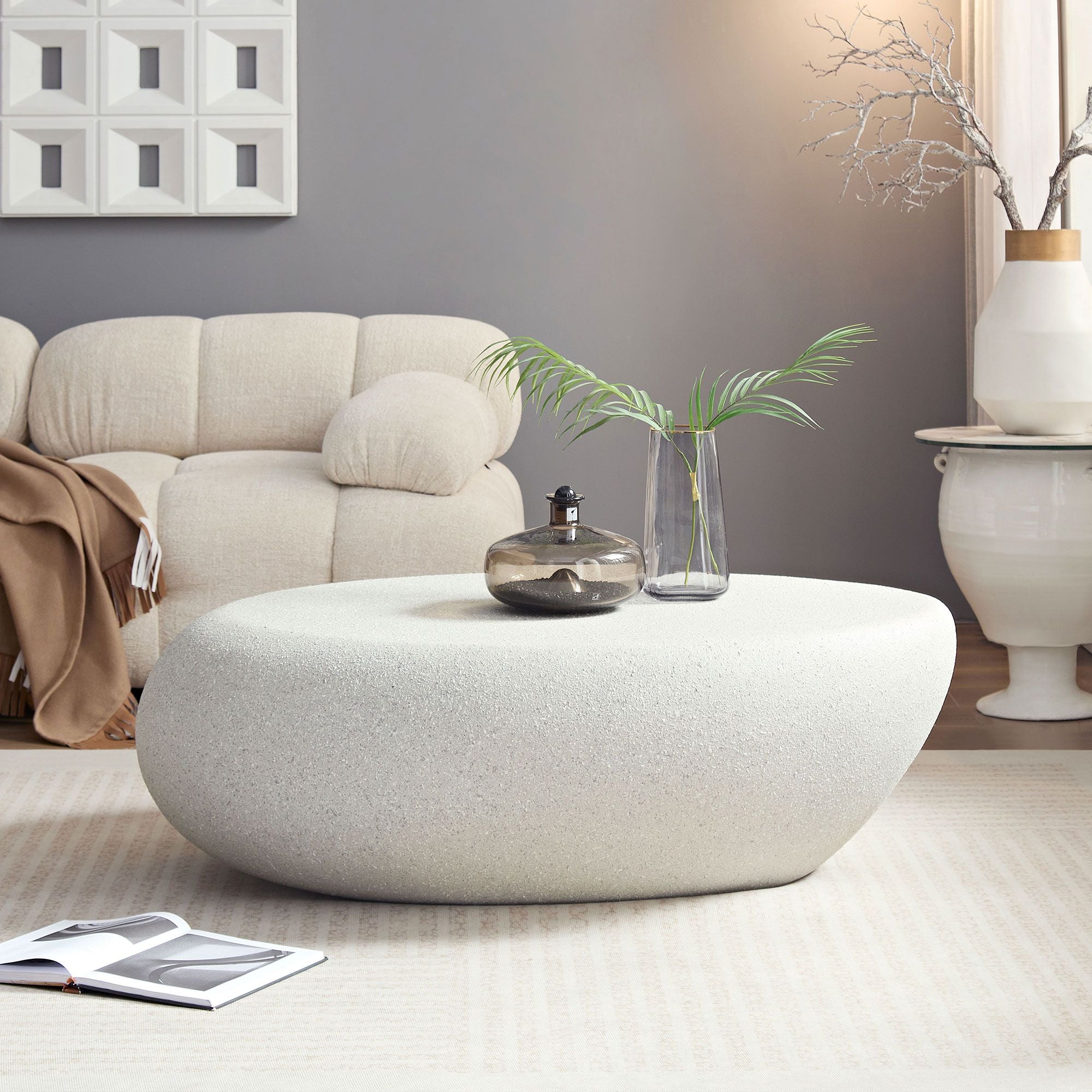 43.31''Fiberglass Elliptical Coffee Table for Living Room Vintage Table,Matte Rocks Table front of the Sofa, Irregular Center Table