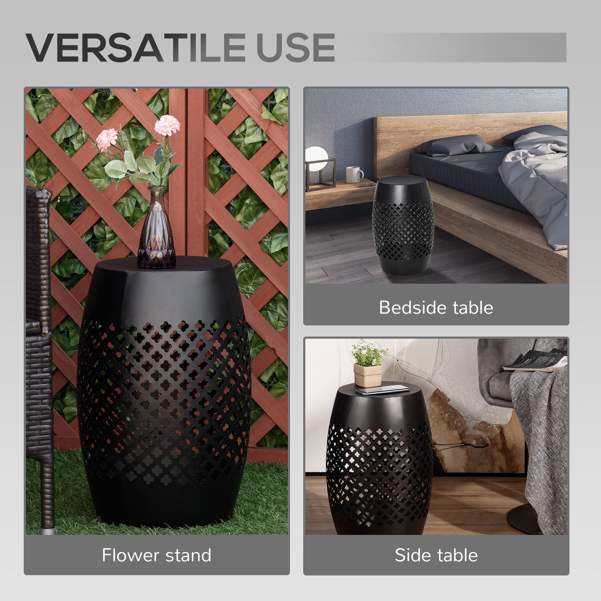 12.5" Steel Outdoor Side Table, Round Hollow Drum Patio End Table, Accent Table for Indoor and Outdoor, Black