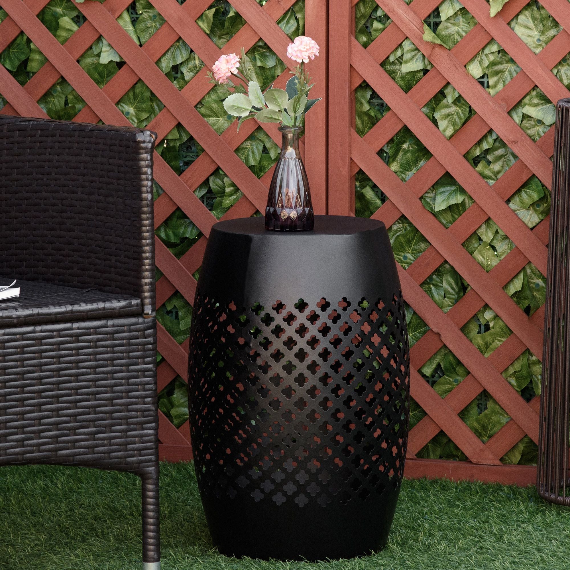 12.5" Steel Outdoor Side Table, Round Hollow Drum Patio End Table, Accent Table for Indoor and Outdoor, Black