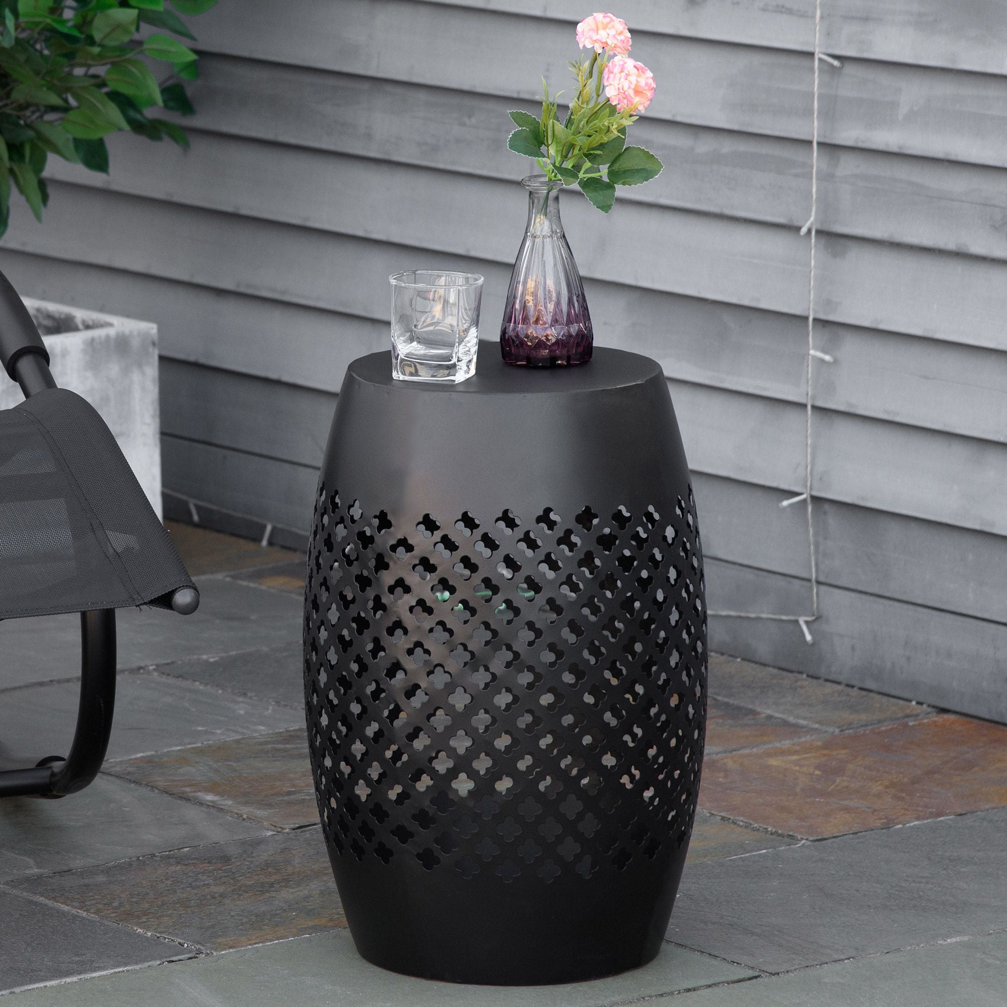 12.5" Steel Outdoor Side Table, Round Hollow Drum Patio End Table, Accent Table for Indoor and Outdoor, Black