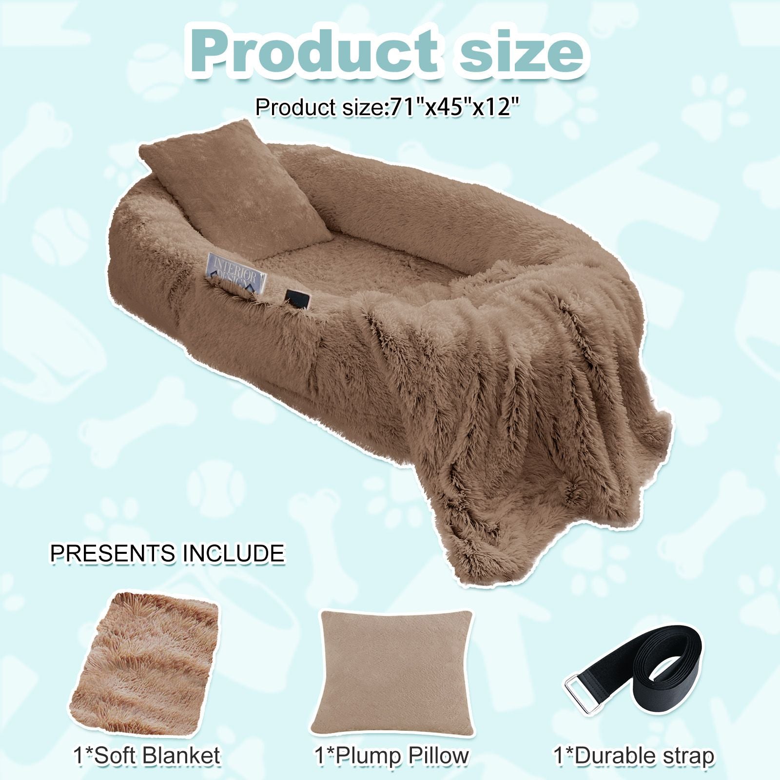 Human Dog Bed, Large Size Fits You and Pets, Washable Faux Fur Dog Bed for People Doze Off, Napping Orthopedic Dog Bed, Present Plump Pillow, Blanket, Strap