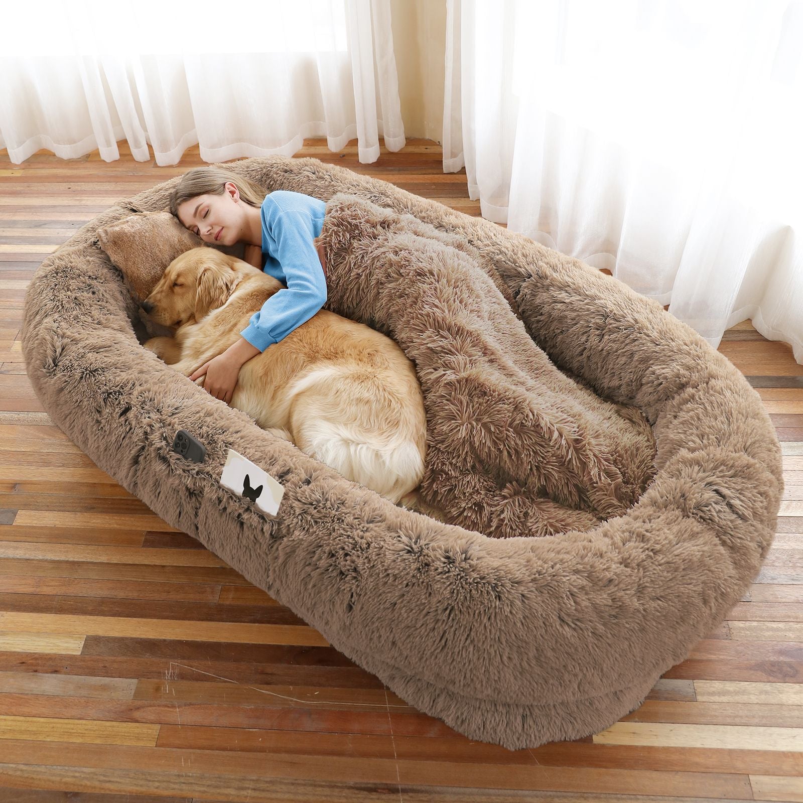 Human Dog Bed, Large Size Fits You and Pets, Washable Faux Fur Dog Bed for People Doze Off, Napping Orthopedic Dog Bed, Present Plump Pillow, Blanket, Strap