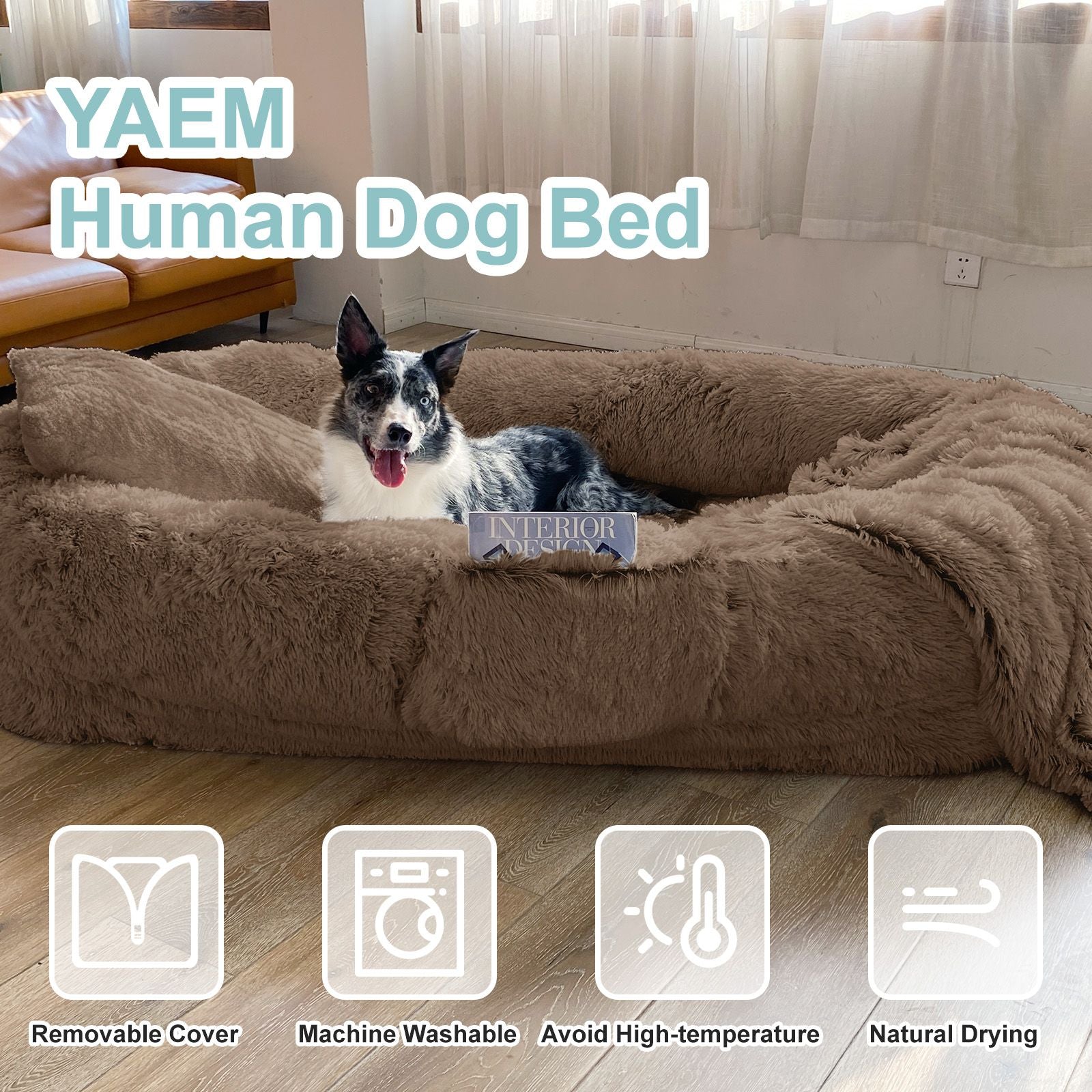 Human Dog Bed, Large Size Fits You and Pets, Washable Faux Fur Dog Bed for People Doze Off, Napping Orthopedic Dog Bed, Present Plump Pillow, Blanket, Strap