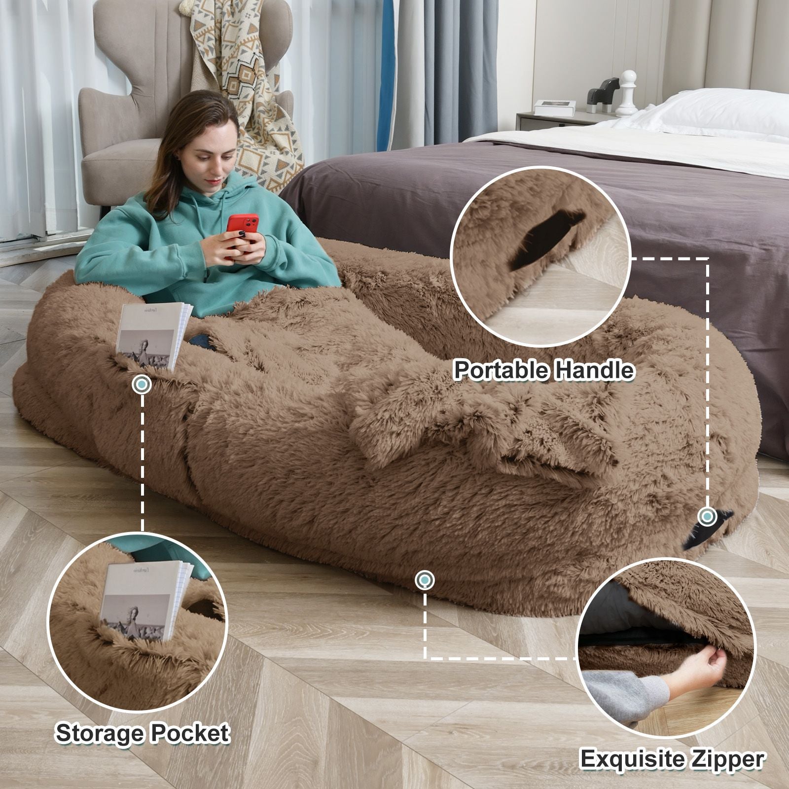 Human Dog Bed, Large Size Fits You and Pets, Washable Faux Fur Dog Bed for People Doze Off, Napping Orthopedic Dog Bed, Present Plump Pillow, Blanket, Strap