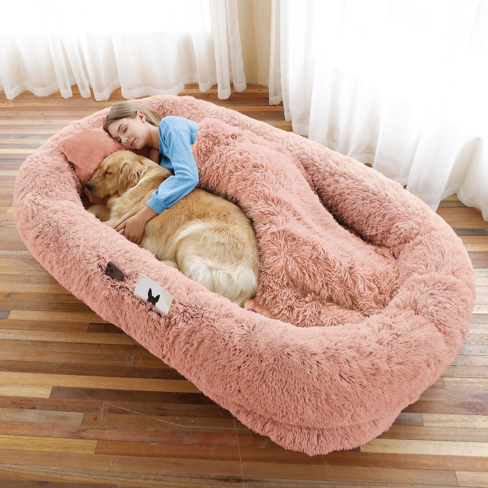 Human Dog Bed, Large Size Fits You and Pets, Washable Faux Fur Dog Bed for People Doze Off, Napping Orthopedic Dog Bed, Present Plump Pillow, Blanket, Strap