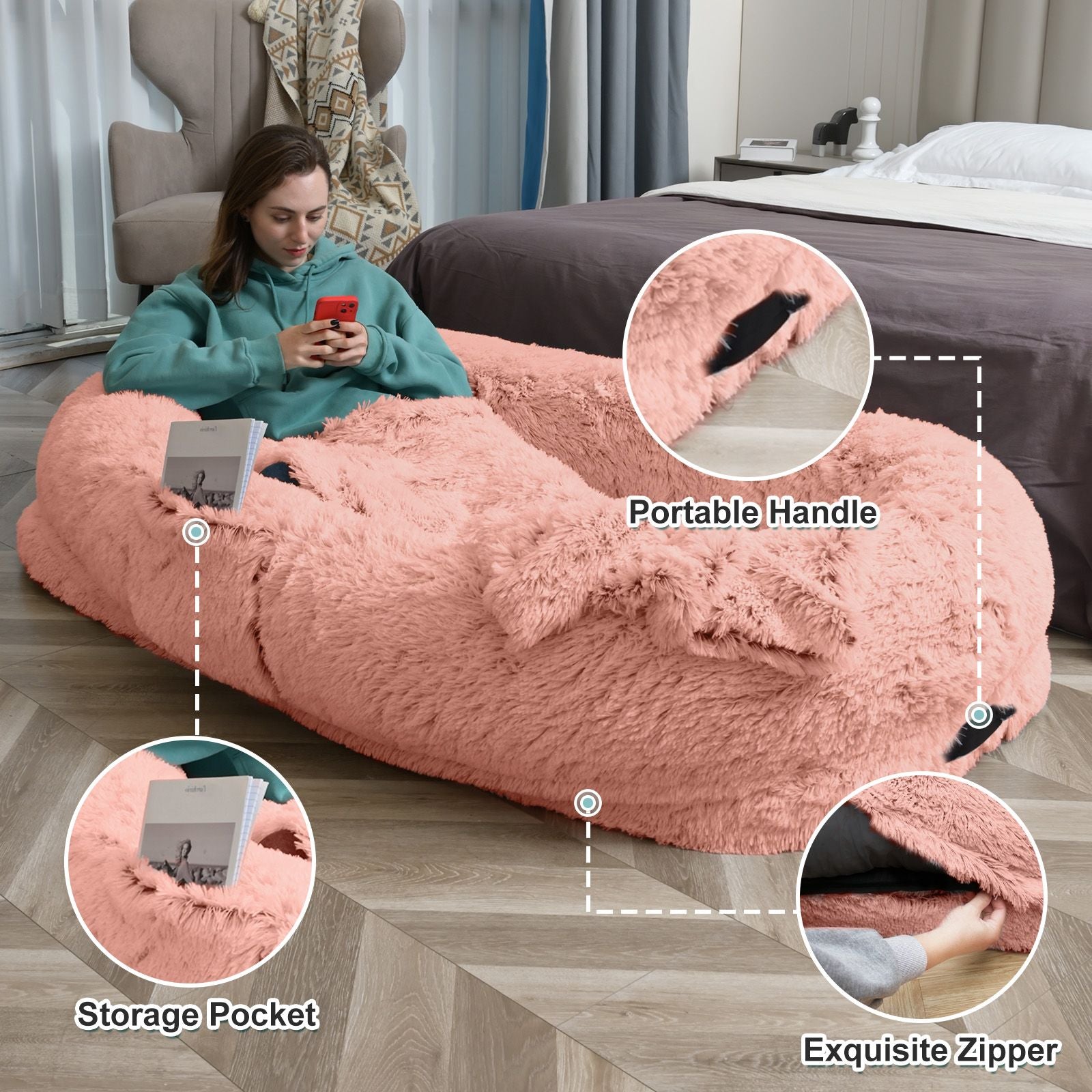 Human Dog Bed, Large Size Fits You and Pets, Washable Faux Fur Dog Bed for People Doze Off, Napping Orthopedic Dog Bed, Present Plump Pillow, Blanket, Strap