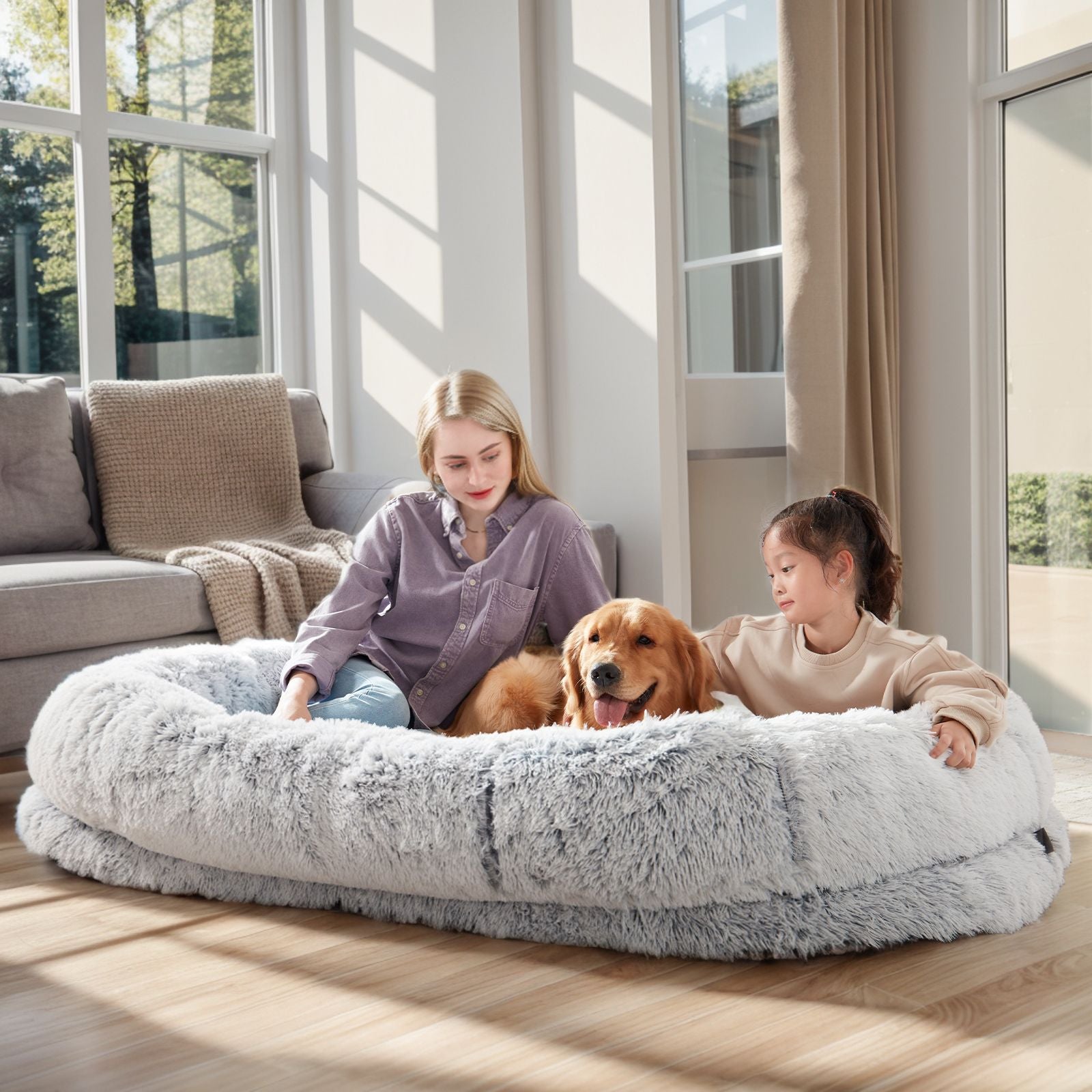 Human Dog Bed, Large Size Fits You and Pets, Washable Faux Fur Dog Bed for People Doze Off, Napping Orthopedic Dog Bed, Present Plump Pillow, Blanket, Strap