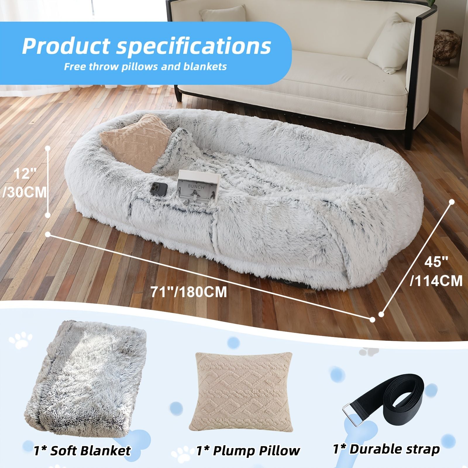 Human Dog Bed, Large Size Fits You and Pets, Washable Faux Fur Dog Bed for People Doze Off, Napping Orthopedic Dog Bed, Present Plump Pillow, Blanket, Strap