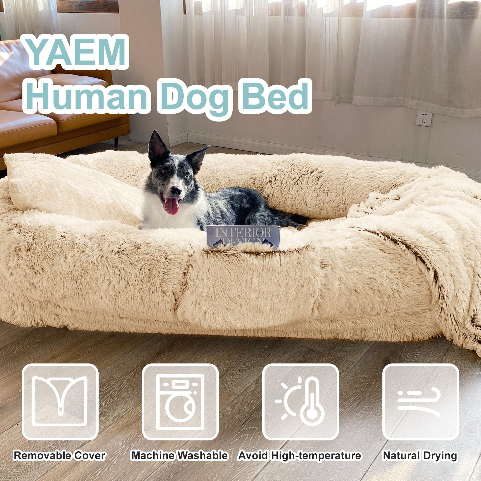 Human Dog Bed, Large Size Fits You and Pets, Washable Faux Fur Dog Bed for People Doze Off, Napping Orthopedic Dog Bed, Present Plump Pillow, Blanket, Strap