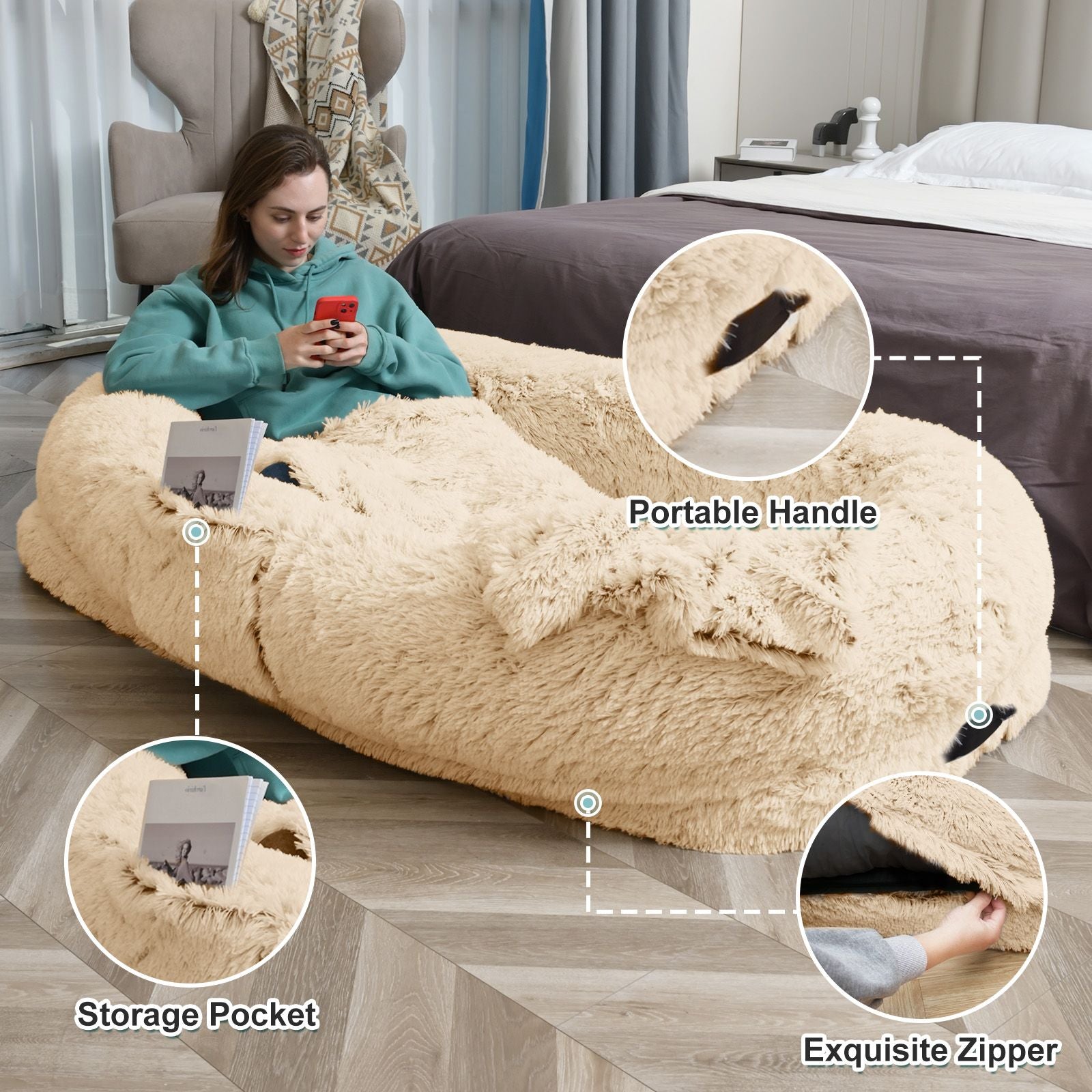 Human Dog Bed, Large Size Fits You and Pets, Washable Faux Fur Dog Bed for People Doze Off, Napping Orthopedic Dog Bed, Present Plump Pillow, Blanket, Strap