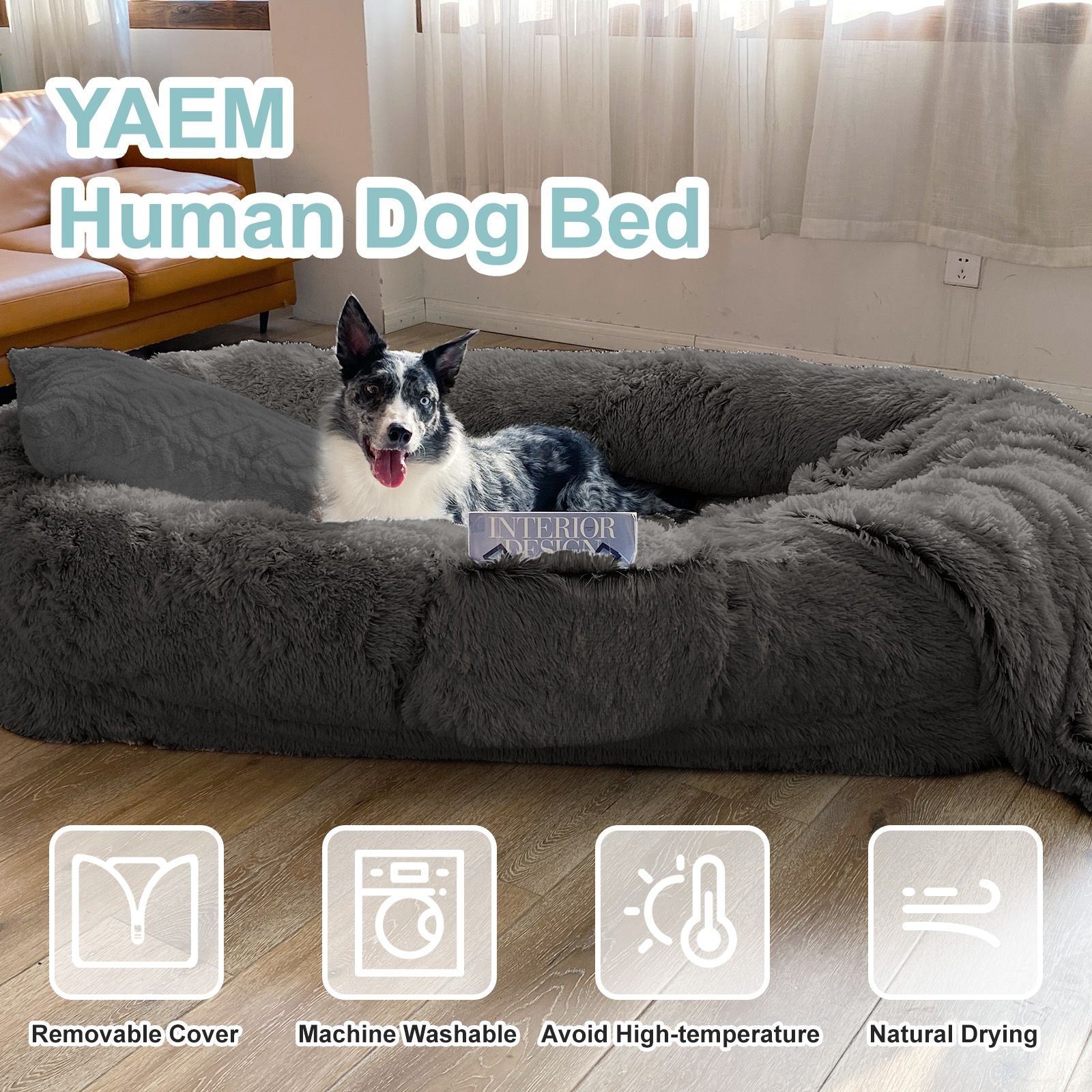 Human Dog Bed, Large Size Fits You and Pets, Washable Faux Fur Dog Bed for People Doze Off, Napping Orthopedic Dog Bed, Present Plump Pillow, Blanket, Strap