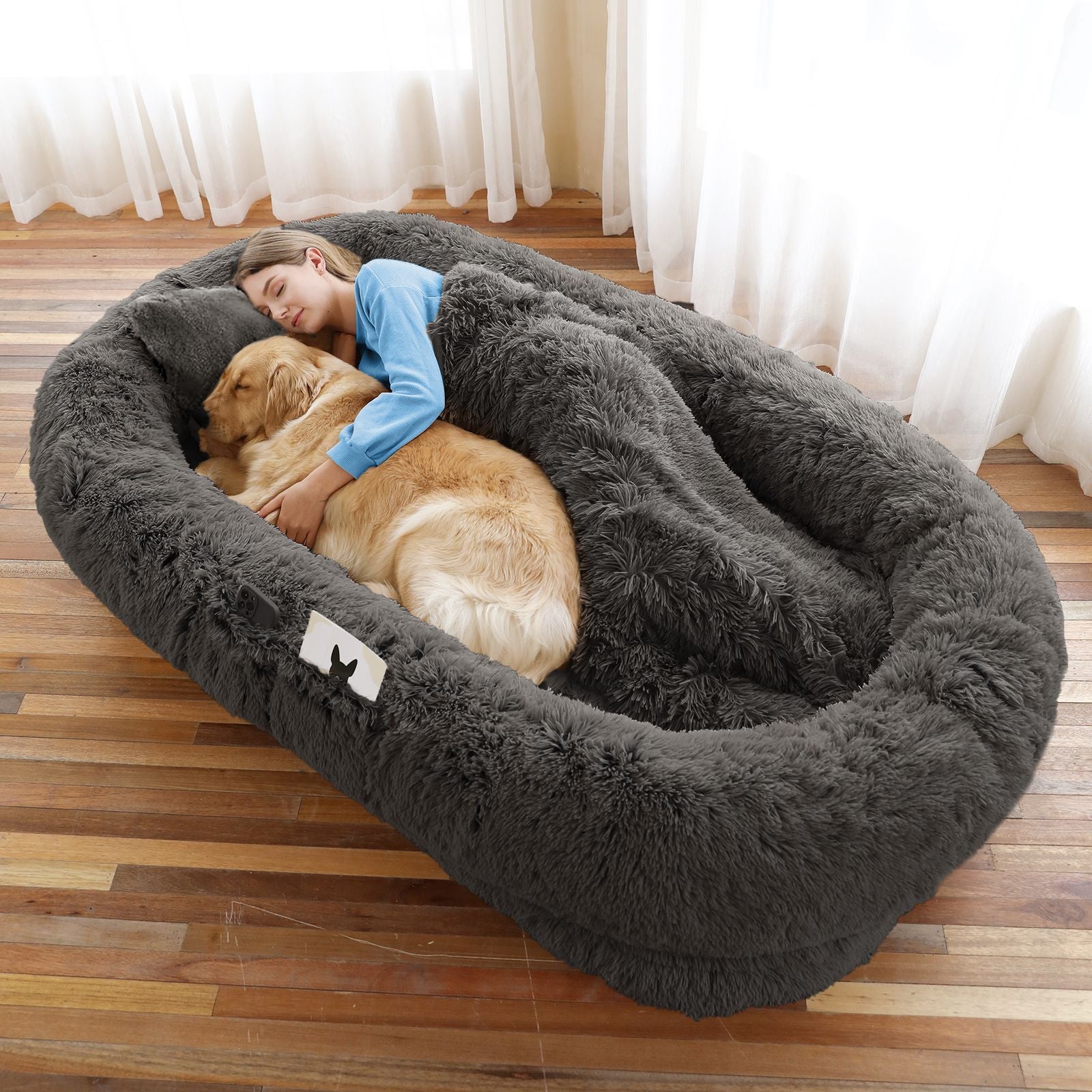 Human Dog Bed, Large Size Fits You and Pets, Washable Faux Fur Dog Bed for People Doze Off, Napping Orthopedic Dog Bed, Present Plump Pillow, Blanket, Strap
