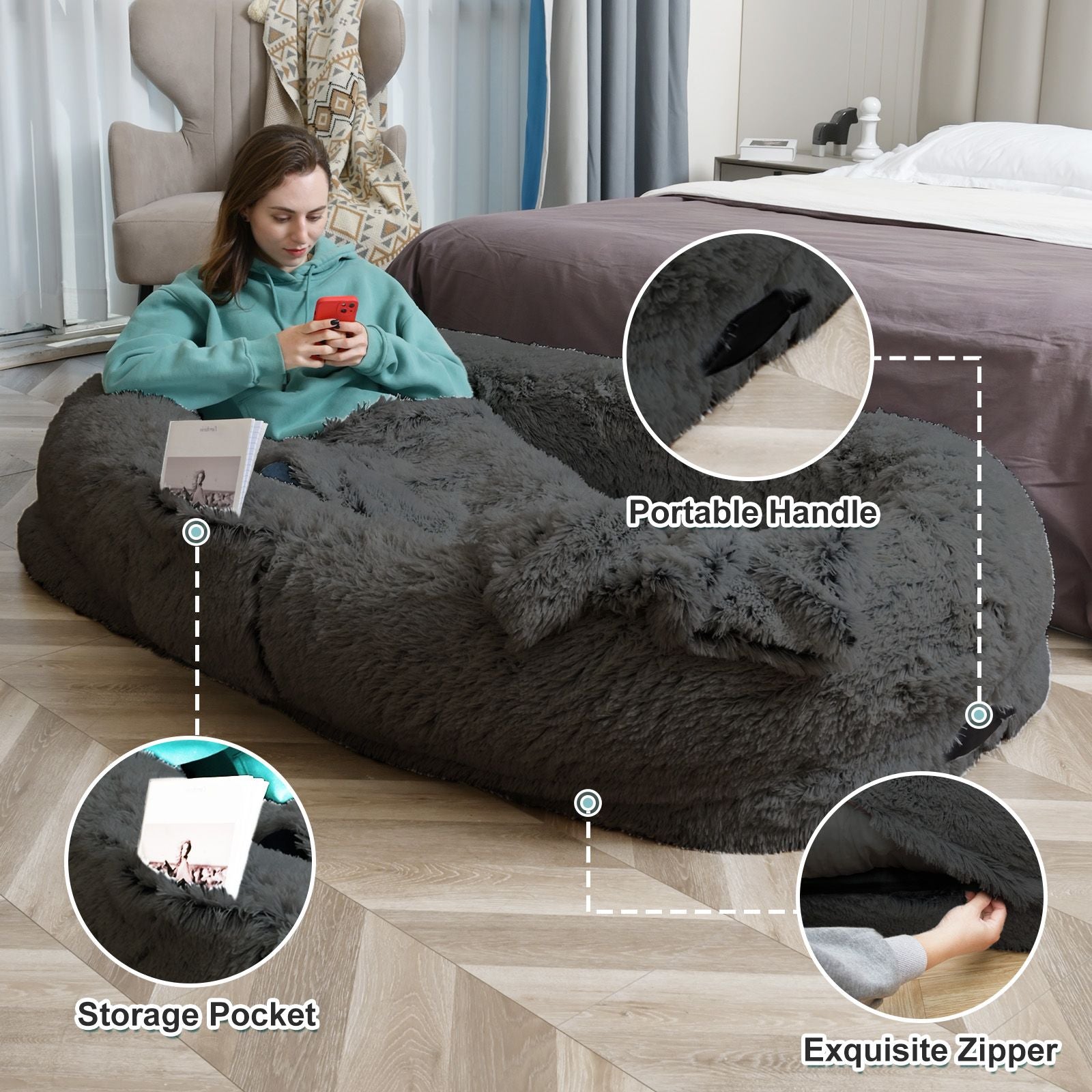 Human Dog Bed, Large Size Fits You and Pets, Washable Faux Fur Dog Bed for People Doze Off, Napping Orthopedic Dog Bed, Present Plump Pillow, Blanket, Strap