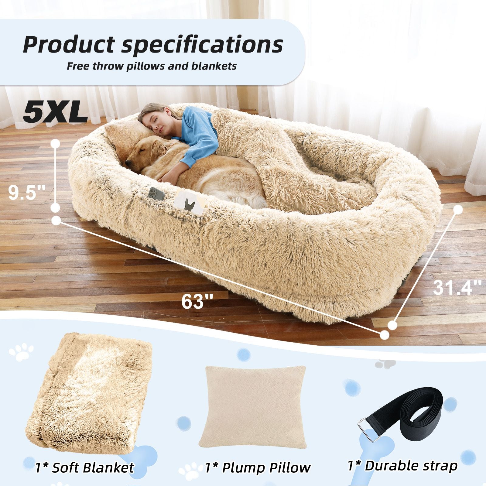 Human Dog Bed, Large Size Fits You and Pets, Washable Faux Fur Dog Bed for People Doze Off, Napping Orthopedic Dog Bed, Present Plump Pillow, Blanket, Strap