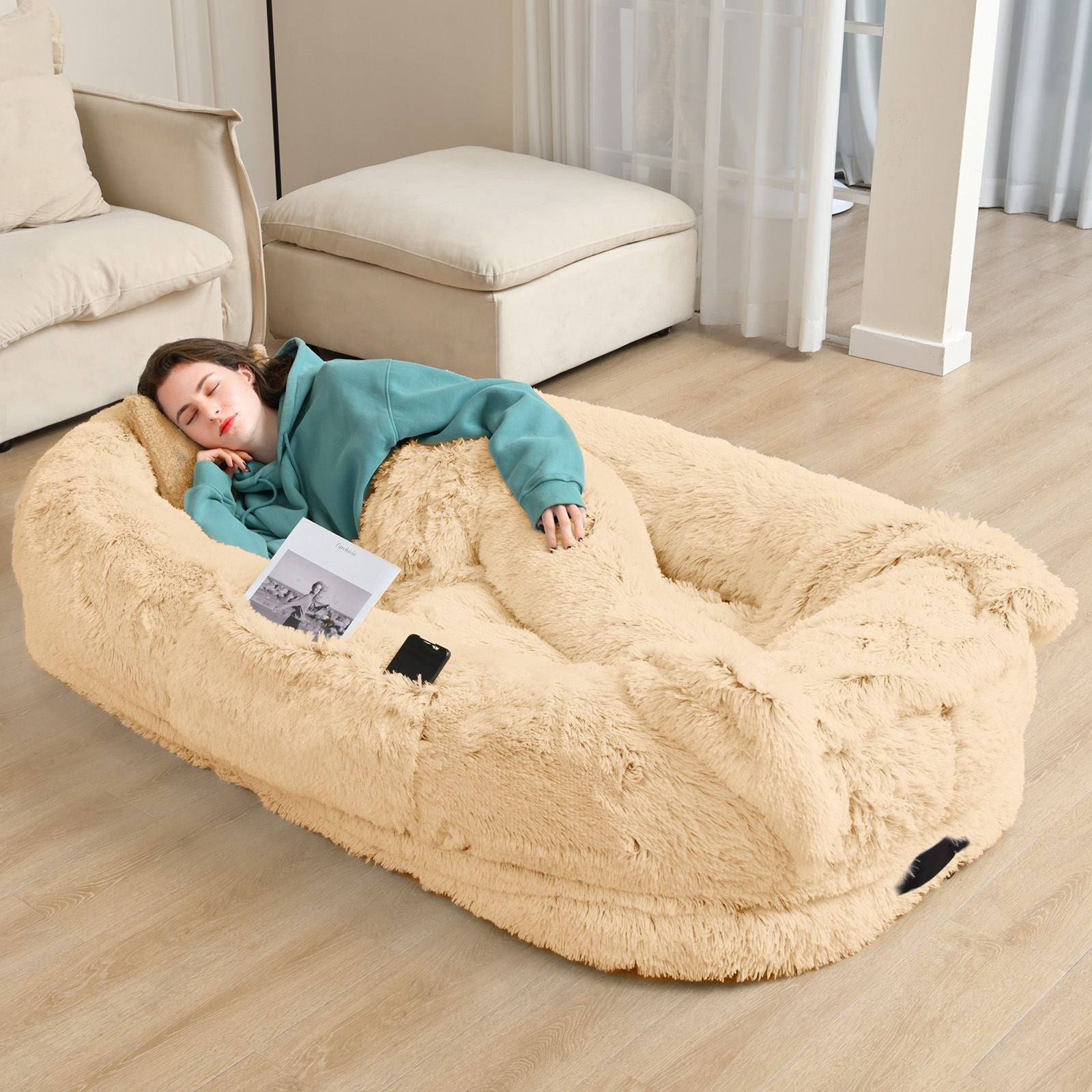 Human Dog Bed, Large Size Fits You and Pets, Washable Faux Fur Dog Bed for People Doze Off, Napping Orthopedic Dog Bed, Present Plump Pillow, Blanket, Strap