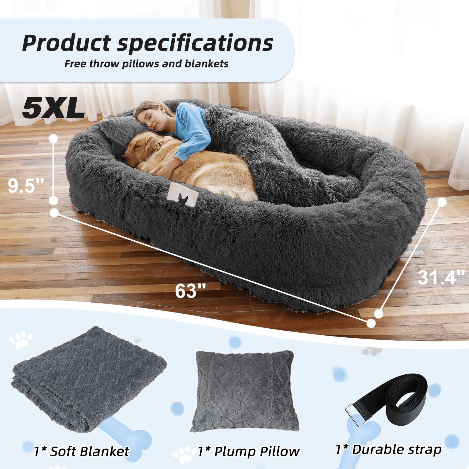 Human Dog Bed, Large Size Fits You and Pets, Washable Faux Fur Dog Bed for People Doze Off, Napping Orthopedic Dog Bed, Present Plump Pillow, Blanket, Strap
