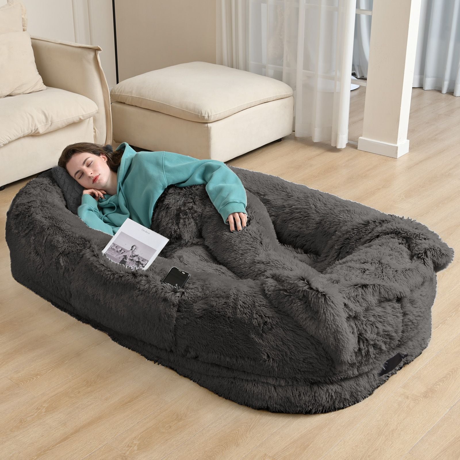 Human Dog Bed, Large Size Fits You and Pets, Washable Faux Fur Dog Bed for People Doze Off, Napping Orthopedic Dog Bed, Present Plump Pillow, Blanket, Strap