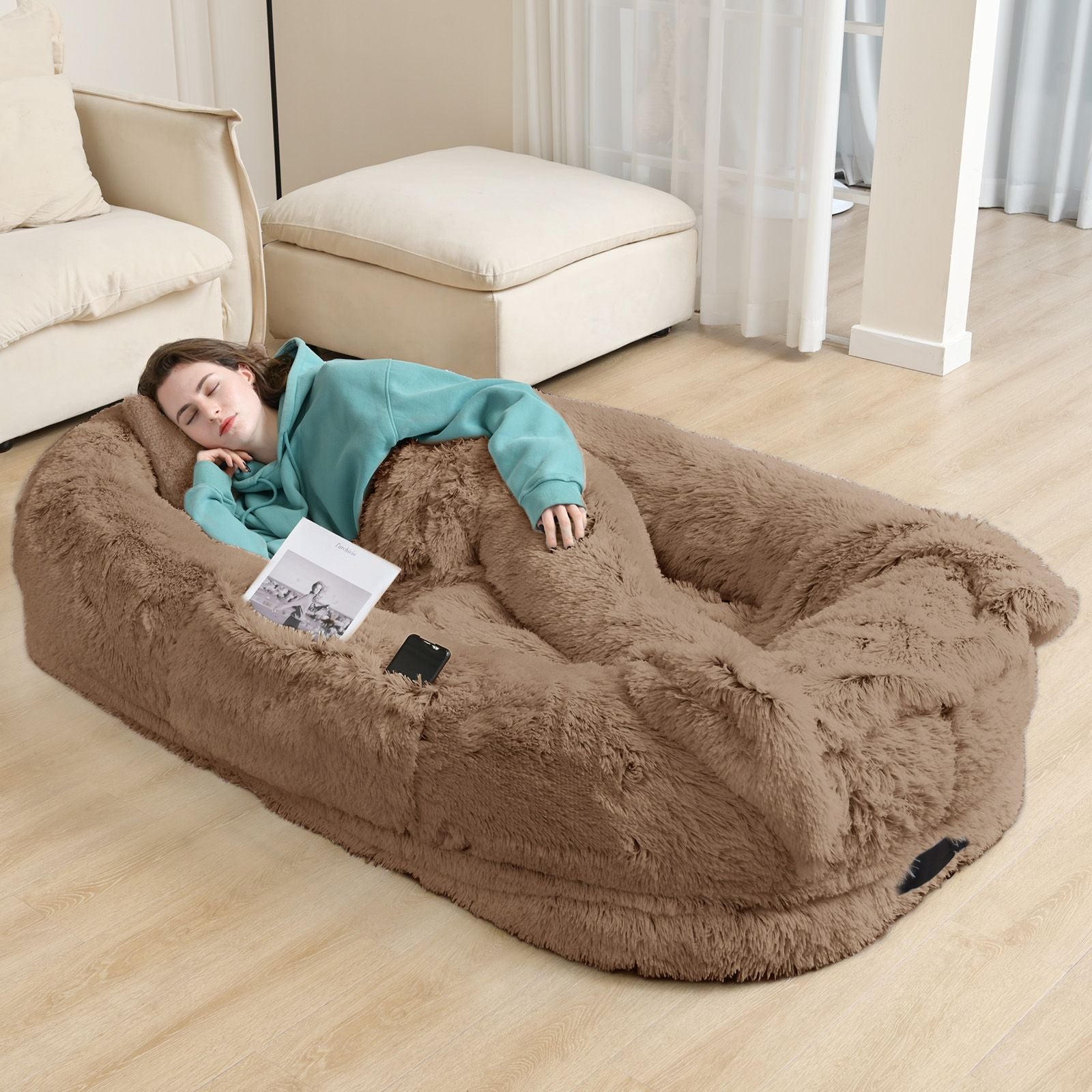 Human Dog Bed, Large Size Fits You and Pets, Washable Faux Fur Dog Bed for People Doze Off, Napping Orthopedic Dog Bed, Present Plump Pillow, Blanket, Strap