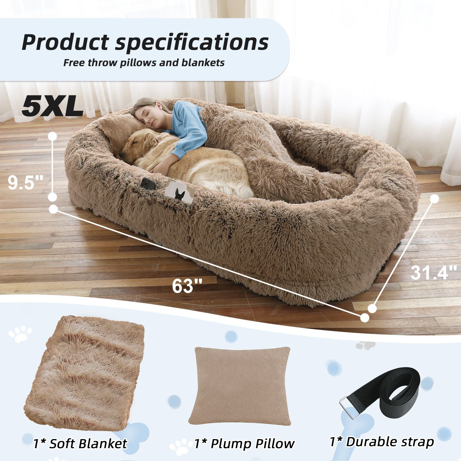 Human Dog Bed, Large Size Fits You and Pets, Washable Faux Fur Dog Bed for People Doze Off, Napping Orthopedic Dog Bed, Present Plump Pillow, Blanket, Strap