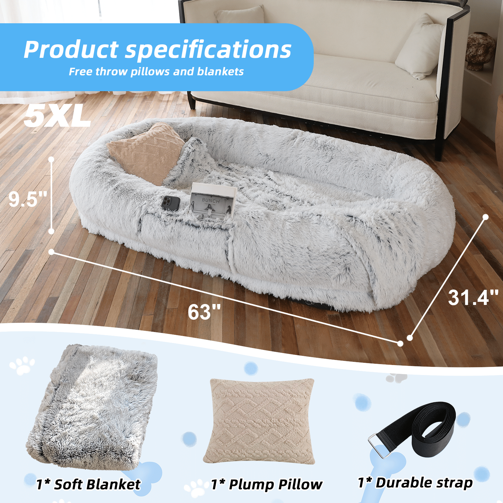 Human Dog Bed, Large Size Fits You and Pets, Washable Faux Fur Dog Bed for People Doze Off, Napping Orthopedic Dog Bed, Present Plump Pillow, Blanket, Strap