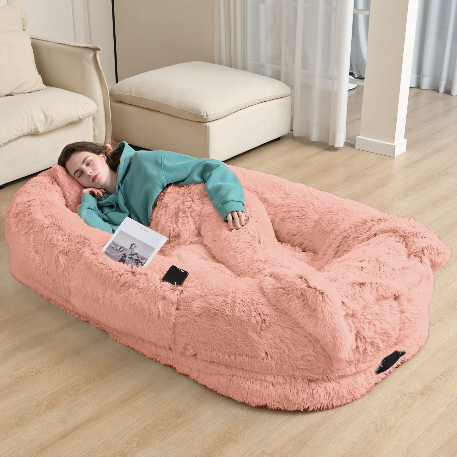 Human Dog Bed, Large Size Fits You and Pets, Washable Faux Fur Dog Bed for People Doze Off, Napping Orthopedic Dog Bed, Present Plump Pillow, Blanket, Strap