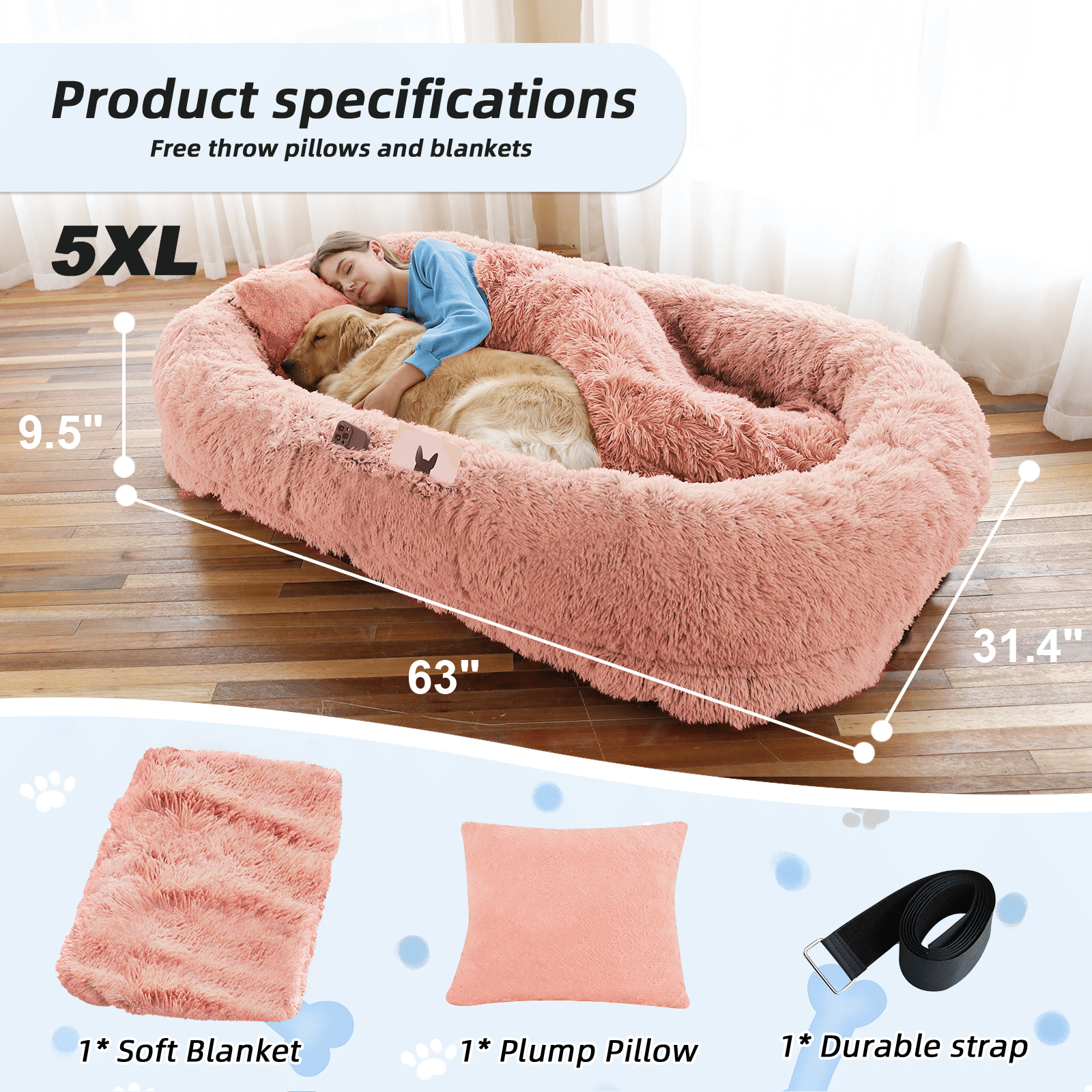 Human Dog Bed, Large Size Fits You and Pets, Washable Faux Fur Dog Bed for People Doze Off, Napping Orthopedic Dog Bed, Present Plump Pillow, Blanket, Strap