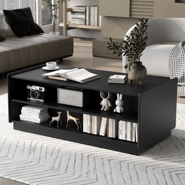 Modern Rectangle Coffee Table with 4 Drawers and 2 Display Shelves, 47.2" Wood Coffee Table with Fluted Style, Tempered Glass for Living Room