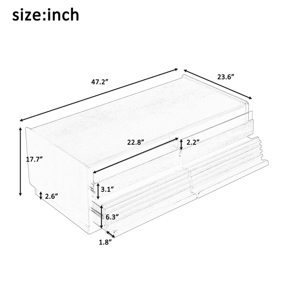 Modern Rectangle Coffee Table with 4 Drawers and 2 Display Shelves, 47.2" Wood Coffee Table with Fluted Style, Tempered Glass for Living Room