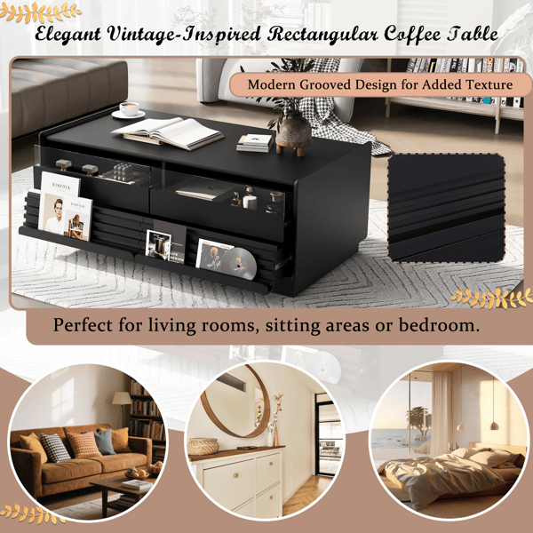Modern Rectangle Coffee Table with 4 Drawers and 2 Display Shelves, 47.2" Wood Coffee Table with Fluted Style, Tempered Glass for Living Room