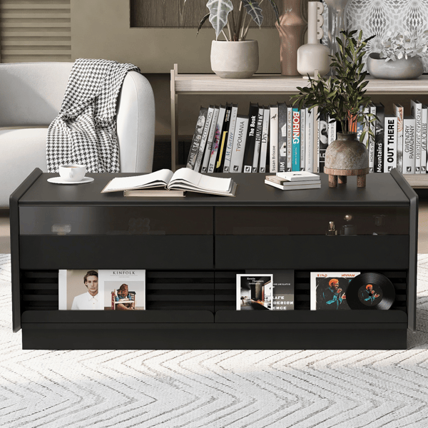 Modern Rectangle Coffee Table with 4 Drawers and 2 Display Shelves, 47.2" Wood Coffee Table with Fluted Style, Tempered Glass for Living Room